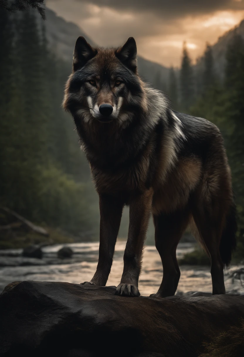 Wolf God, surreal, tense, cold, highly detailed, sharp, professional, 8k UHD, movie, dark, violent, outdoor, river, battle, chase, dramatic, vivid, tense atmosphere, rendering, epic, twilight, HDR, album cover, blizzard, lightning, disaster