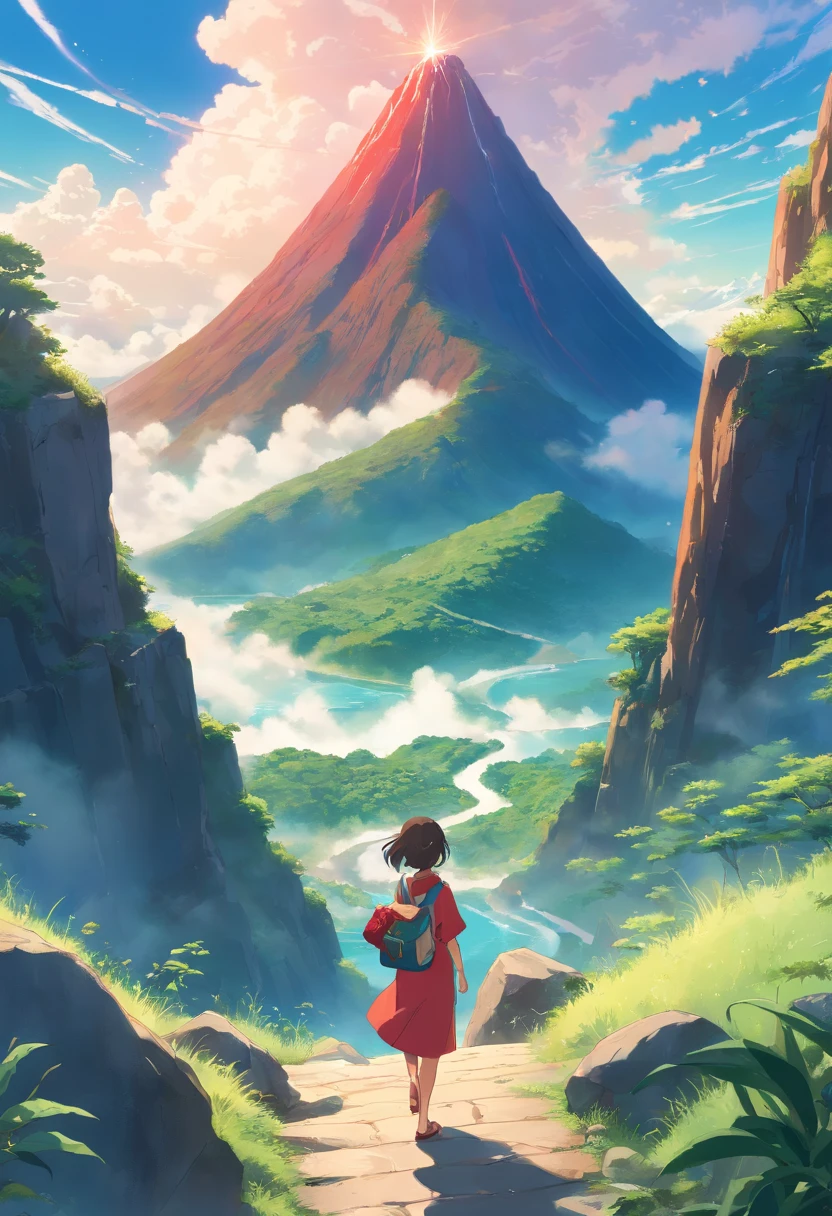 Brown girl with wavy mid-length hair, une robe rouge, un sac a dos, vue de dos, with a giant green frog next to it on a beautiful zigzag path with rocks on the edges all along leading I usqu'a lagoon of turquoise volcanic water from a mountainous waterfall that looks like a volcano, quelque oiseau blanc dans le ciel et des nuage qui encercle le sommet de la montagne