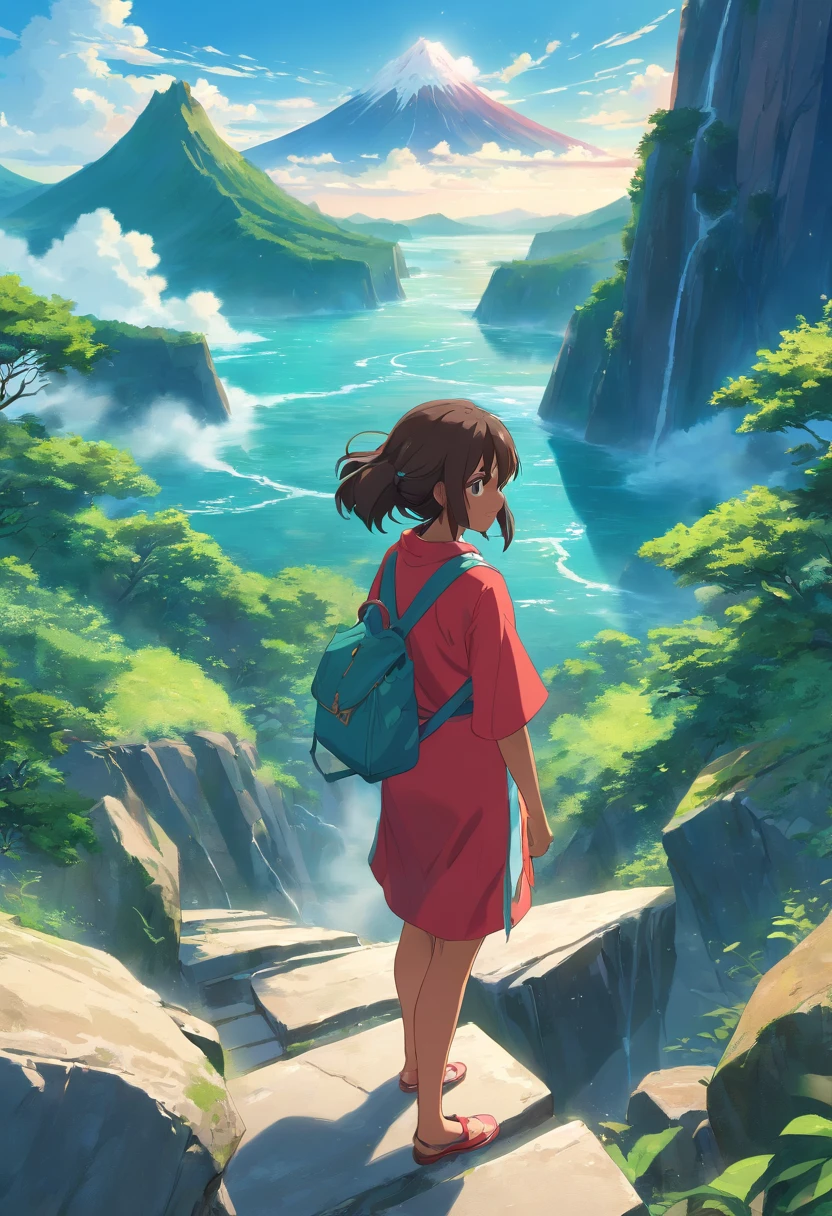 Brown girl with wavy mid-length hair, une robe rouge, un sac a dos, vue de dos, with a giant green frog next to it on a beautiful zigzag path with rocks on the edges all along leading I usqu'a lagoon of turquoise volcanic water from a mountainous waterfall that looks like a volcano, quelque oiseau blanc dans le ciel et des nuage qui encercle le sommet de la montagne
