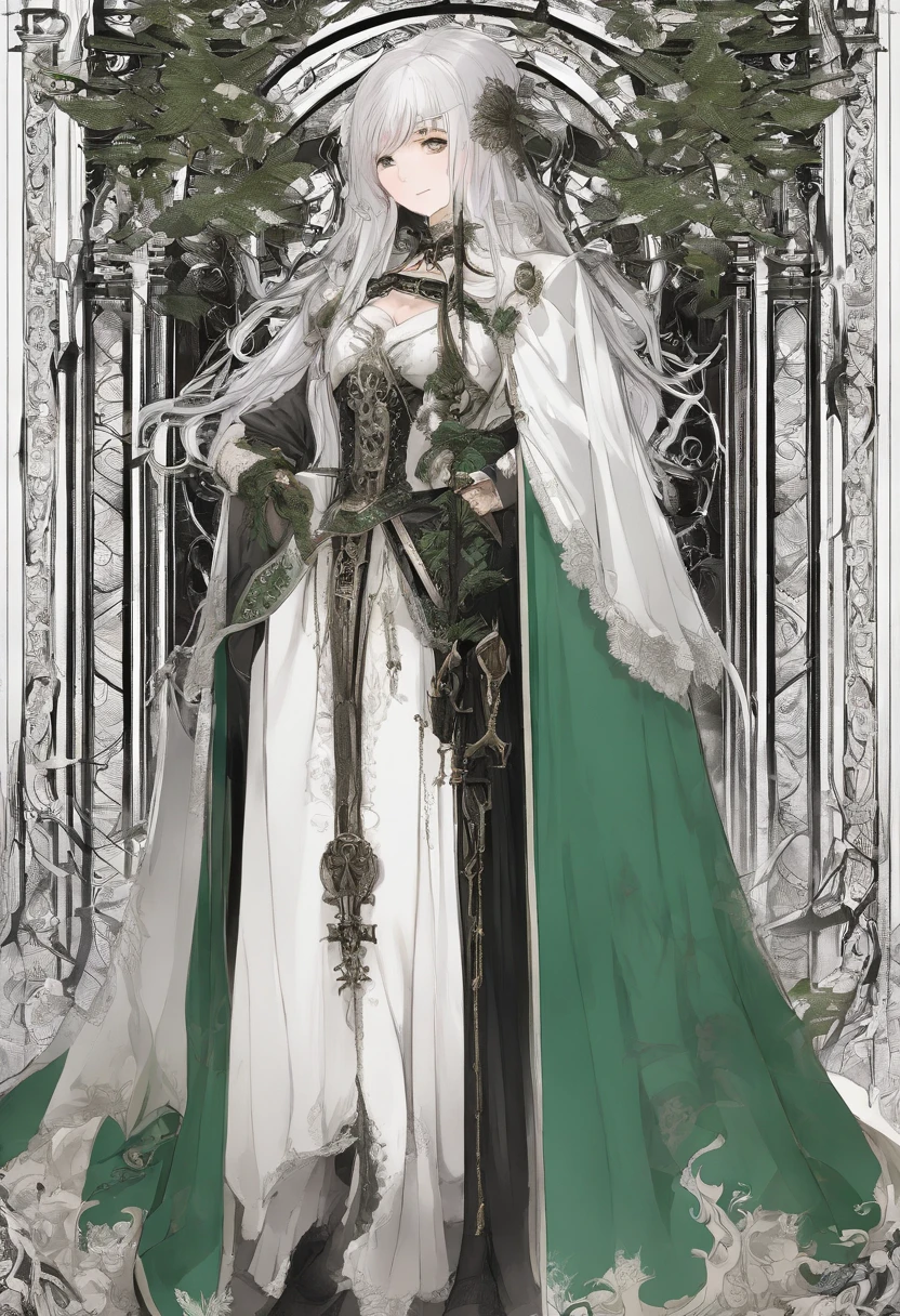 medieval times,A handsome woman resembling a man has long dark green hair、Golden eyes,The expression is cold,A poisonous snake wrapped around his neck,viciousness,unholy,badass,Wearing white delicate religious clothes,In the middle of the wilderness,Full body like。