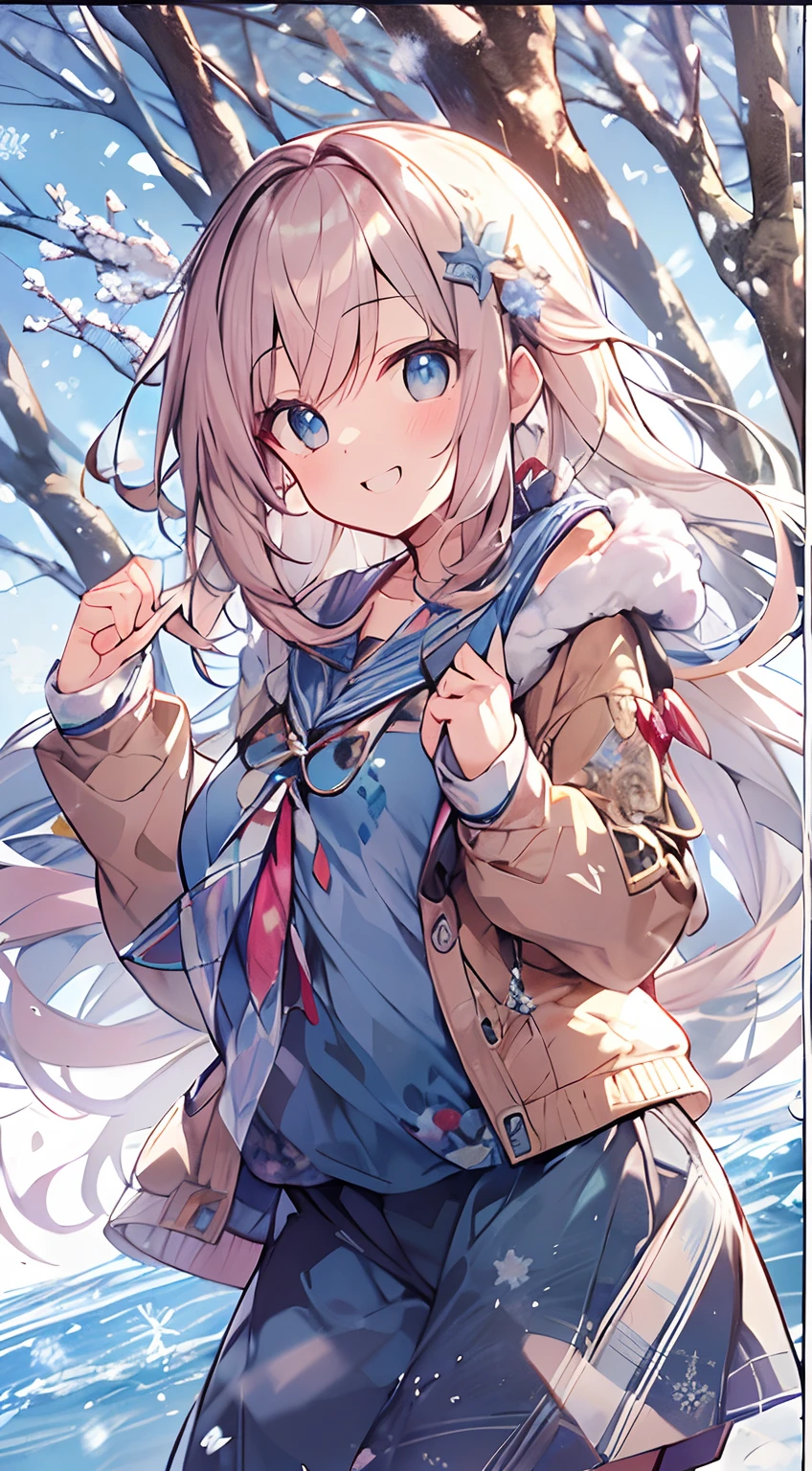masutepiece, Best Quality,Illustration, Wallpaper, ultra -detail, Absurd beauty, 1beautiful girl、Bright hair color、Glitter and big eyes、Hair fluttering in the wind、ample breasts、♡、Smaller head、Winter scene、miscievous smile、Angle from which you can see the whole body