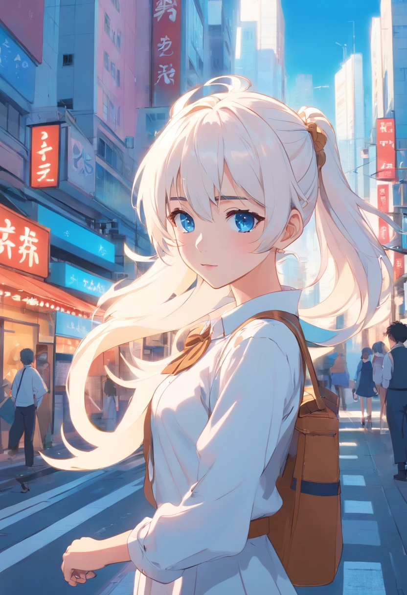 white color hair,Double ponytail curls,blue color eyes,White Lolita,Beth,A bustling city street