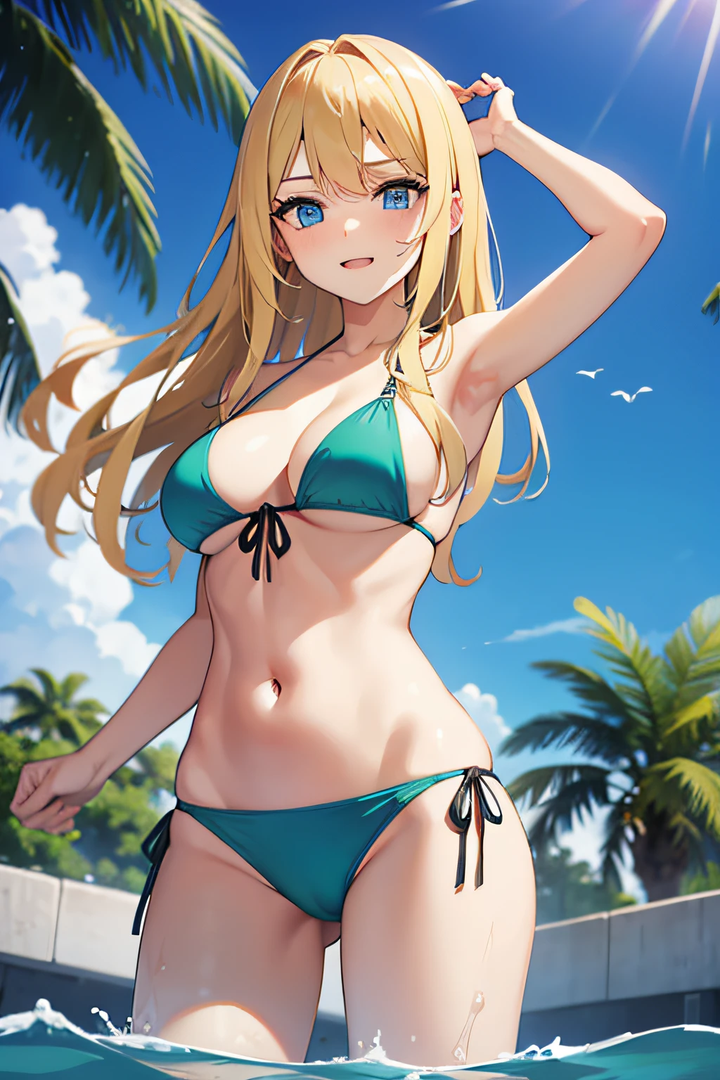 1woman, long blond hair, blue eyes, wearing lime green bikini, swimming, pool