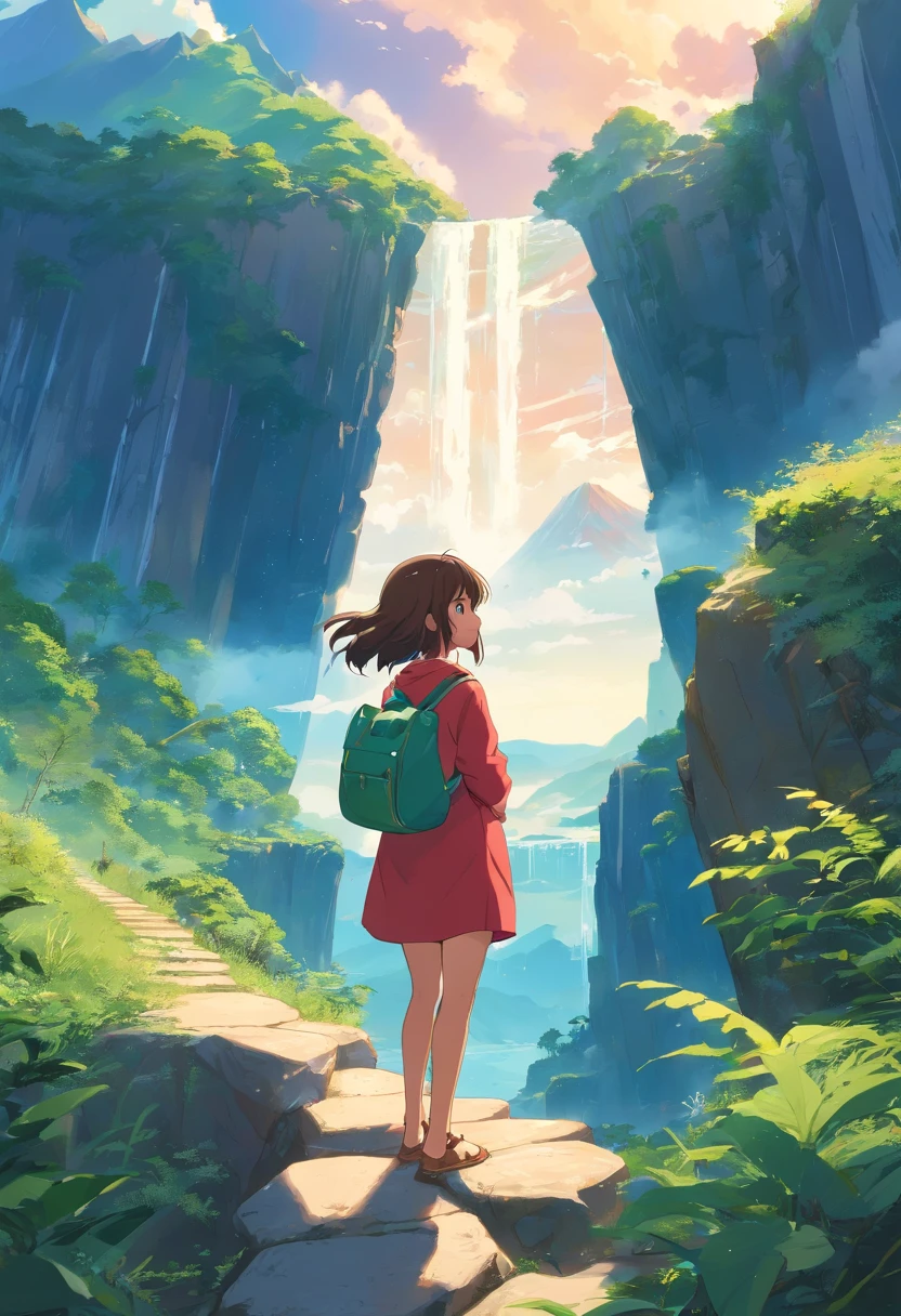 Brown girl with wavy mid-length hair, une robe rouge, un sac a dos, vue de dos, with a giant green frog next to it on a beautiful zigzag path with rocks on the edges all along leading I usqu'a lagoon of turquoise volcanic water from a mountainous waterfall that looks like a volcano, quelque oiseau blanc dans le ciel et des nuage qui encercle le sommet de la montagne