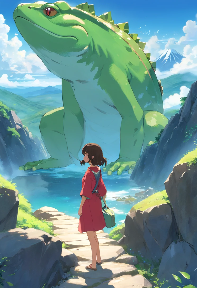 Brown girl with wavy mid-length hair, une robe rouge, un sac a dos, vue de dos, with a giant green frog next to it on a beautiful zigzag path with rocks on the edges all along leading I usqu'a lagoon of turquoise volcanic water from a mountainous waterfall that looks like a volcano, quelque oiseau blanc dans le ciel et des nuage qui encercle le sommet de la montagne