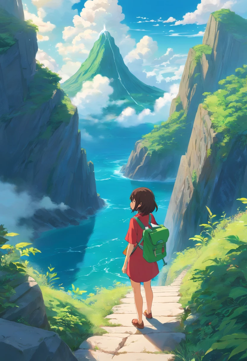 Brown girl with wavy mid-length hair, une robe rouge, un sac a dos, vue de dos, with a giant green frog next to it on a beautiful zigzag path with rocks on the edges all along leading I usqu'a lagoon of turquoise volcanic water from a mountainous waterfall that looks like a volcano, quelque oiseau blanc dans le ciel et des nuage qui encercle le sommet de la montagne