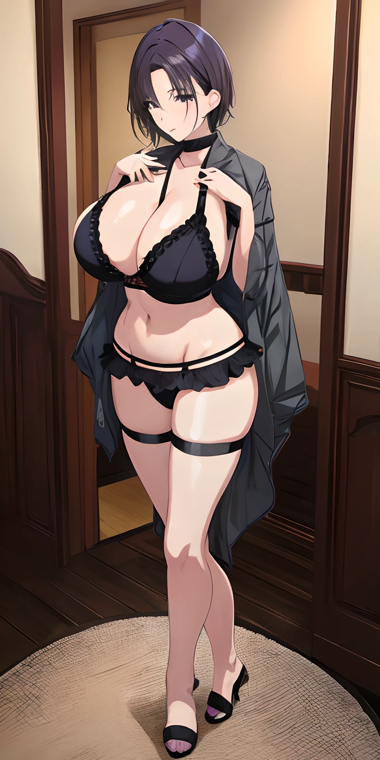 Photo quality,masterpiece, top-quality, in 8K, hight resolution, 1girl in, oilly skin, Wetty, Detailed skin,Anime Face Girl,Beautiful sister,Burst breasts,large full breasts,very big boobs,爆乳,Burst emulsification,Huge breasts,Black underwear,Black lingerie,Purple hair color,Shorthair,Light blue mesh,Bedrooms,