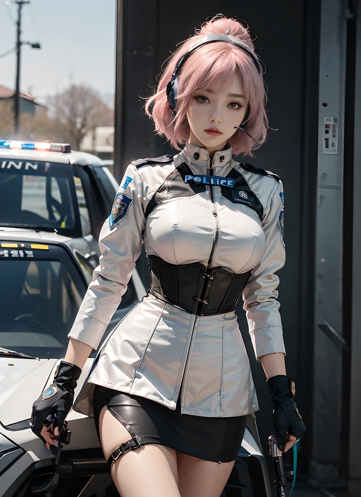 (Top Quality, Ultra High Definition, Photorealistic: 1.4), (cowboy shot:1), 1 Beautiful Girl, Detailed Face, (Hair Style gradation:Pink:0.6Silver:0.4, fullbang, shortbob-style:1), Combata pose, Contrapposto, Perfect Anatomy, Smooth Skin, Professional Lighting, (wear color white black silver),((wearing Futuristic Police Racing Suits, low-mini-skirt, police wappen, High-tech Headset, military gun-corset, racing gloves, machinegun)), (Cloths colors based on pink silver white black), (background, backstrage),