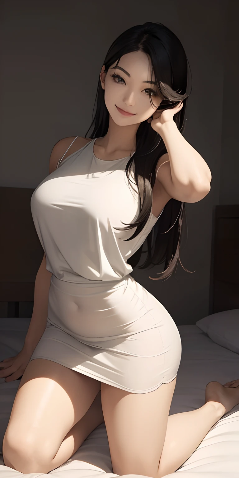 realisticlying、22-year-old girl、Real shiny face on the skin、Close-up view from the top of the bed from below、Gaze here、Open your mouth wide、Kneeling in close-up to emphasize the buttocks、Wearing a light and tight-fitting beige long dress、Emphasis on the thighs、Breasts enlarged、sexly、Face smile