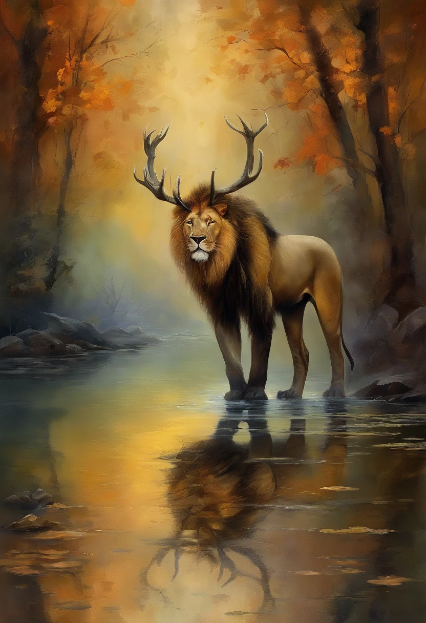 "((master part)) Leo em ((nevoento)) ,((magical dark forest :1.2))In the Late Twilight, com ((Sombras escuras fortes, Recomendado para a cena:1.2)), Shining Magic Lion,flores douradas brilhantes ,((borboleta brilhante )), beautiful magical style, Golden water reflection,feroz, arte conceitual, pintura digital."