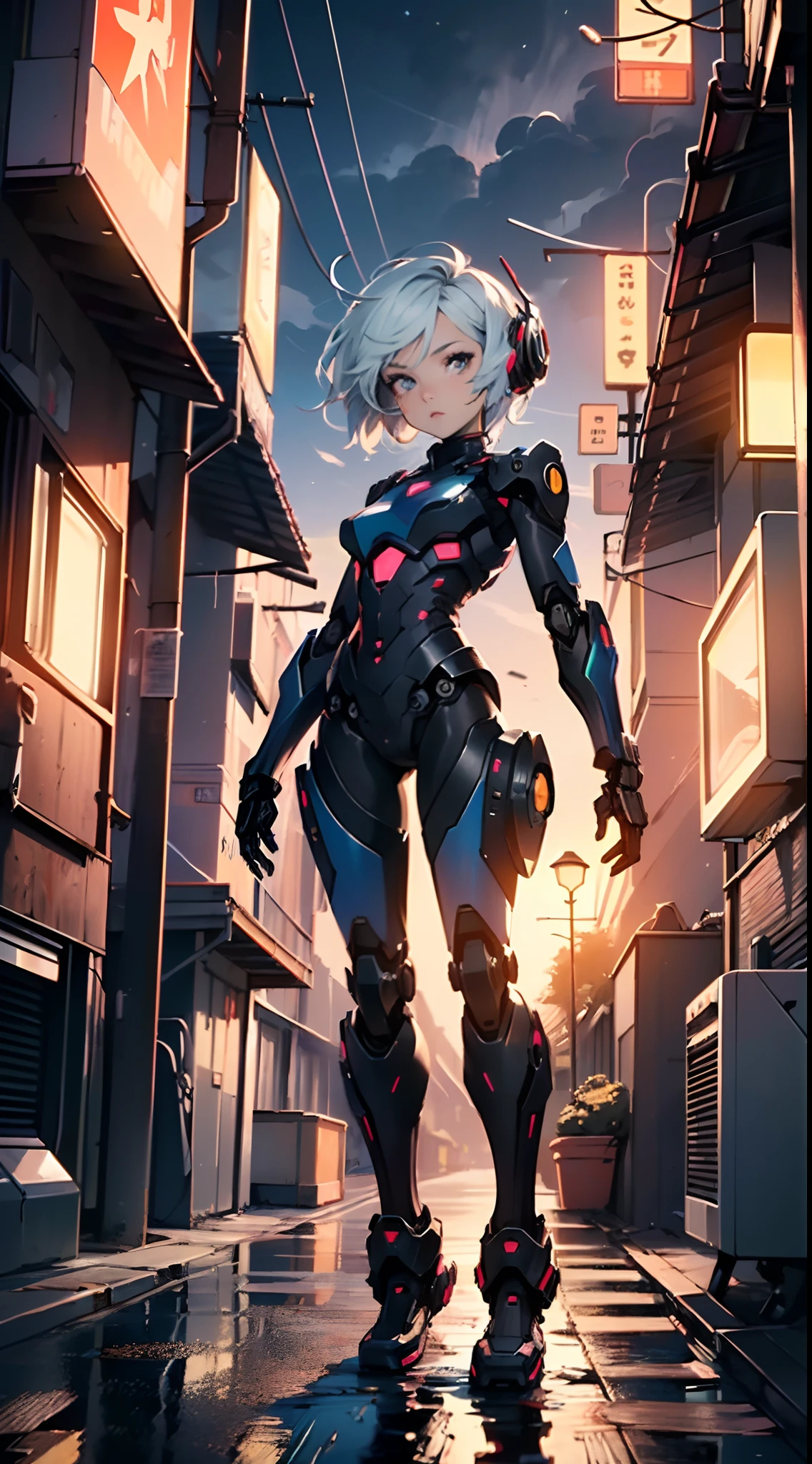 (((TV robot with mechanical arms and legs))),
(((tiny little robot chibi))) with ((((TV head)))). He has (((shaped like a cube with mechanical arms and legs))),and a (((screen on his face))) that displays emoticons and coded messages,Strange head, black tv head,detailed TV head,intricate robot,
(((Object_head,televison_head))),
(dynamic pose:1.0),solo focus,(centered,scale to fit dimensions,Rule of thirds),
cyberpunk city by the ocean at night, with bright neon signs and dark stormy clouds and puddles, scenery:1.25,
artistic photography,(photography taken by sldr),highres, sharp focus, (ultra detailed, extremely detailed), (photorealistic artwork:1.37),(extremely detailed CG unity 8k wallpaper),((synthwave background theme)),(((vibrant colors))),(intricate background),(masterpiece),(best quality)