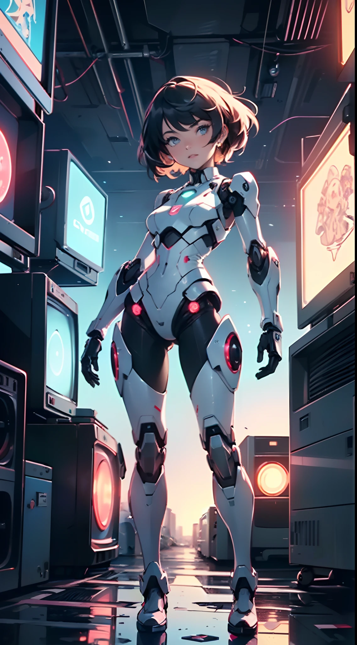 (((TV robot with mechanical arms and legs))),
(((tiny little robot chibi))) with ((((TV head)))). He has (((shaped like a cube with mechanical arms and legs))),and a (((screen on his face))) that displays emoticons and coded messages,Strange head, black tv head,detailed TV head,intricate robot,
(((Object_head,televison_head))),
(dynamic pose:1.0),solo focus,(centered,scale to fit dimensions,Rule of thirds),
cyberpunk city by the ocean at night, with bright neon signs and dark stormy clouds and puddles, scenery:1.25,
artistic photography,(photography taken by sldr),highres, sharp focus, (ultra detailed, extremely detailed), (photorealistic artwork:1.37),(extremely detailed CG unity 8k wallpaper),((synthwave background theme)),(((vibrant colors))),(intricate background),(masterpiece),(best quality)