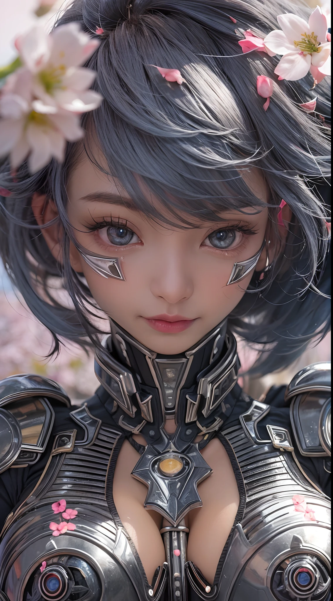 masterpiece, 1 beautiful girl, Detailed eye, Swollen eyes, top-quality, 超A high resolution, (reality: 1.4), 电影灯光, very extremely beautiful, Beautiful skins, A slender, Forward-facing body, (A hyper-realistic), (hight resolution), (8K), (ighly detailed), ( Best Illustration), (beautifully detailed eyes), (ultra-detailliert), 详细的脸, Bright lighting, Professional Lighting、the most beautiful and sexy cyberpunk girl, rainbow colored hair, orange eyes, dark african skin, wearing incredibly detailed futuristic cyberpunk battle armor, huge enormously gigantic tits, cleavage showing, tons of tattoos and piercings, in hyper futuristic city metropolis, cherry blossoms blowing in the wind, cinematic, incredibly perfect masterpiece, high quality, high resolution