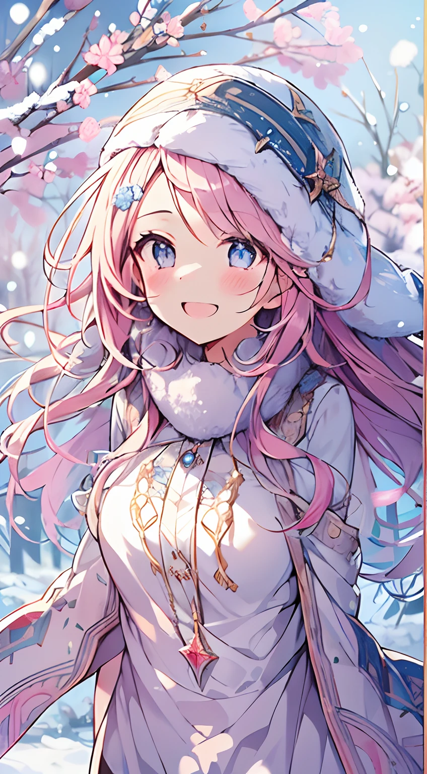 masutepiece, Best Quality,Illustration, Wallpaper, ultra -detail, Absurd beauty, 1beautiful girl、Bright hair color、Glitter and big eyes、Hair fluttering in the wind、ample breasts、♡、Smaller head、Winter scene、miscievous smile、Angle from which you can see the whole body