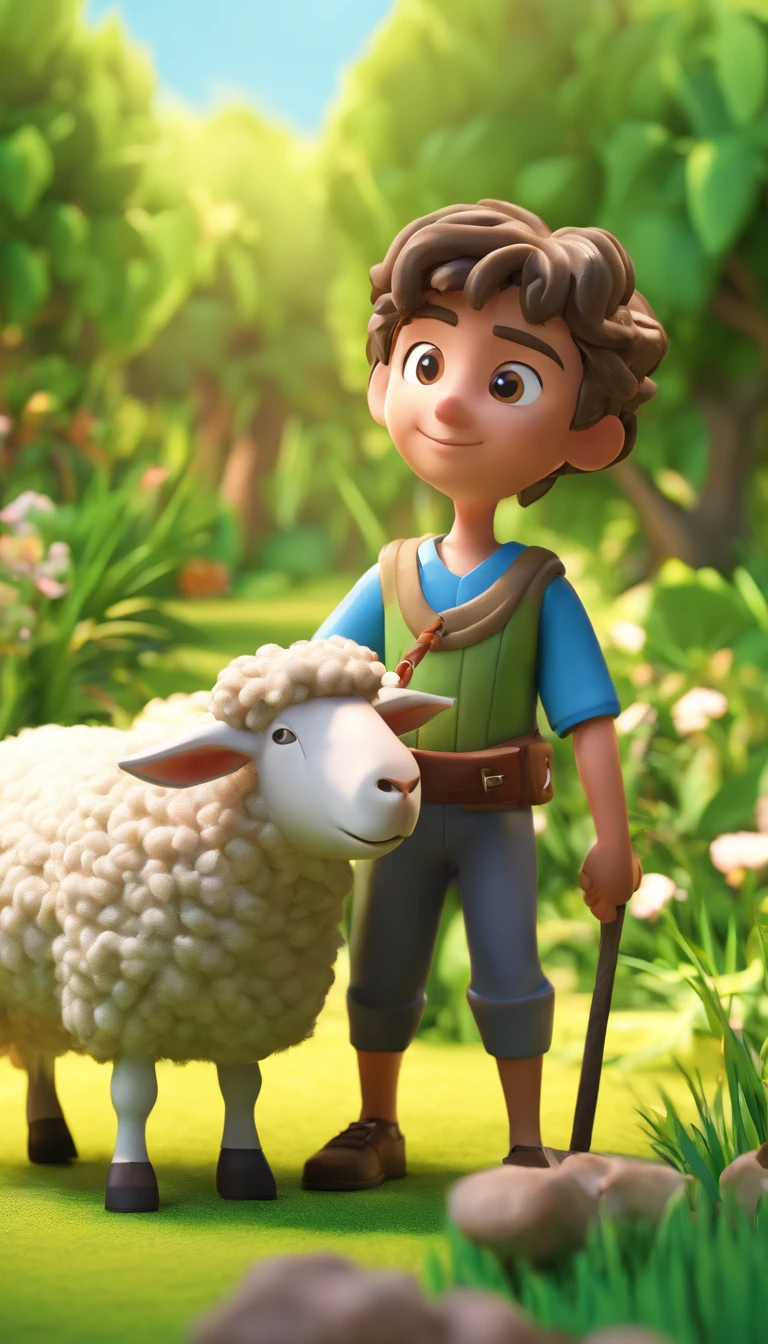 Illustrate David as a young shepherd boy tending to his sheep in a lush green field. Make sure to capture his kindness and musical talent.