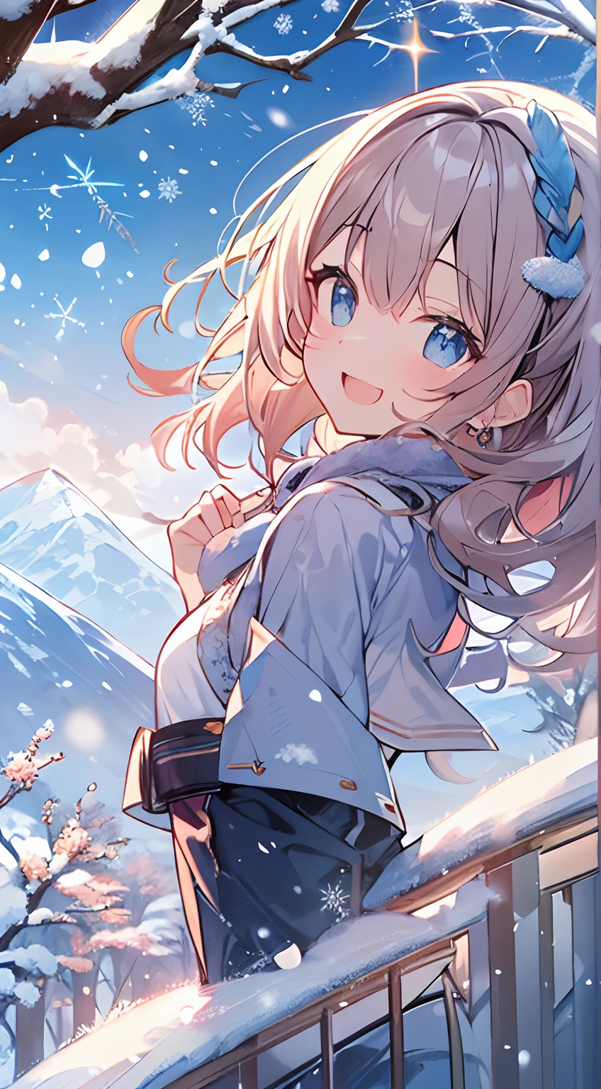 masutepiece, Best Quality,Illustration, Wallpaper, ultra -detail, Absurd beauty, 1beautiful girl、Bright hair color、Glitter and big eyes、Hair fluttering in the wind、ample breasts、♡、Smaller head、Winter scene、miscievous smile、Angle looking up from below