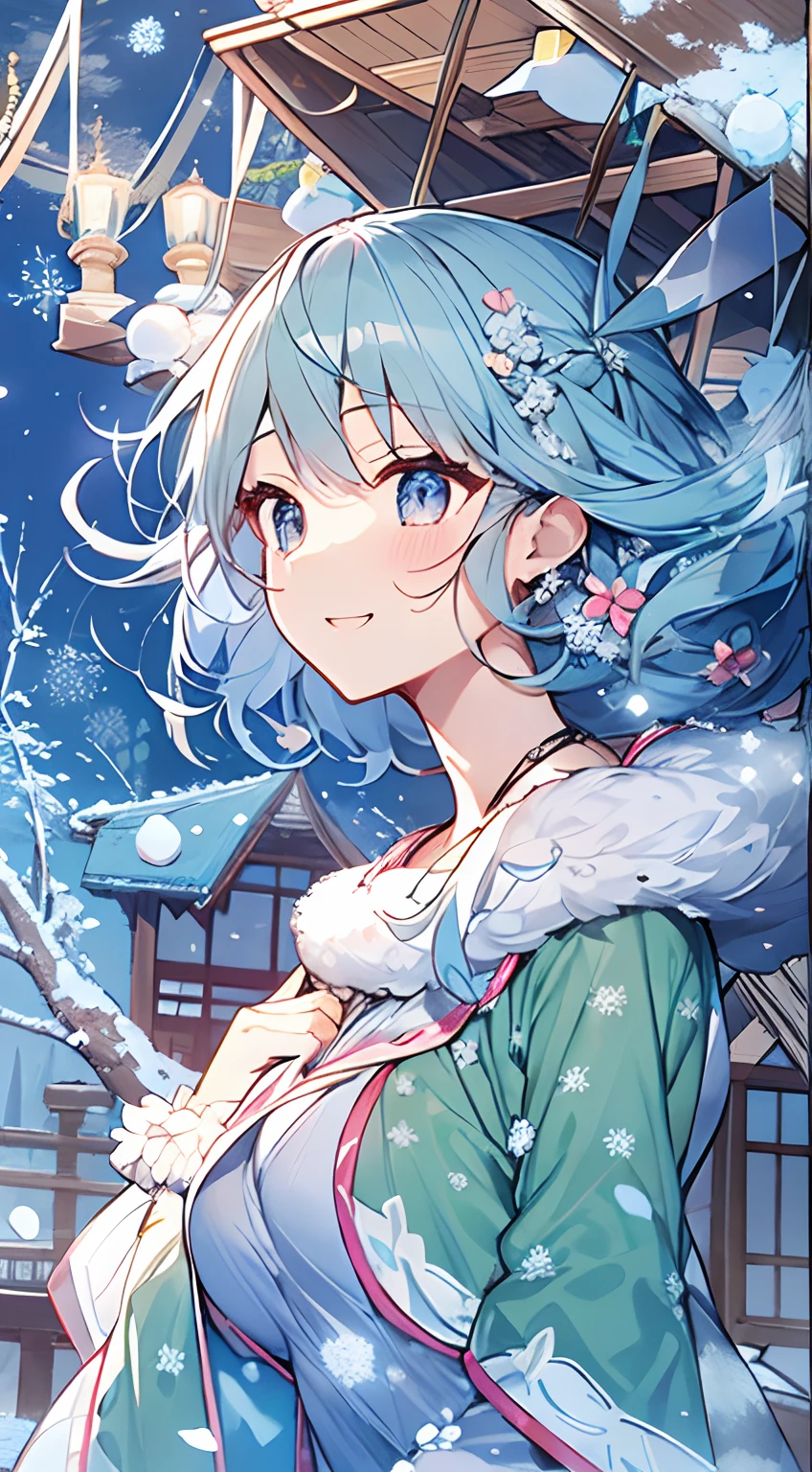 masutepiece, Best Quality,Illustration, Wallpaper, ultra -detail, Absurd beauty, 1beautiful girl、Bright hair color、Glitter and big eyes、Hair fluttering in the wind、ample breasts、♡、Smaller head、Winter scene、miscievous smile、Angle looking up from below
