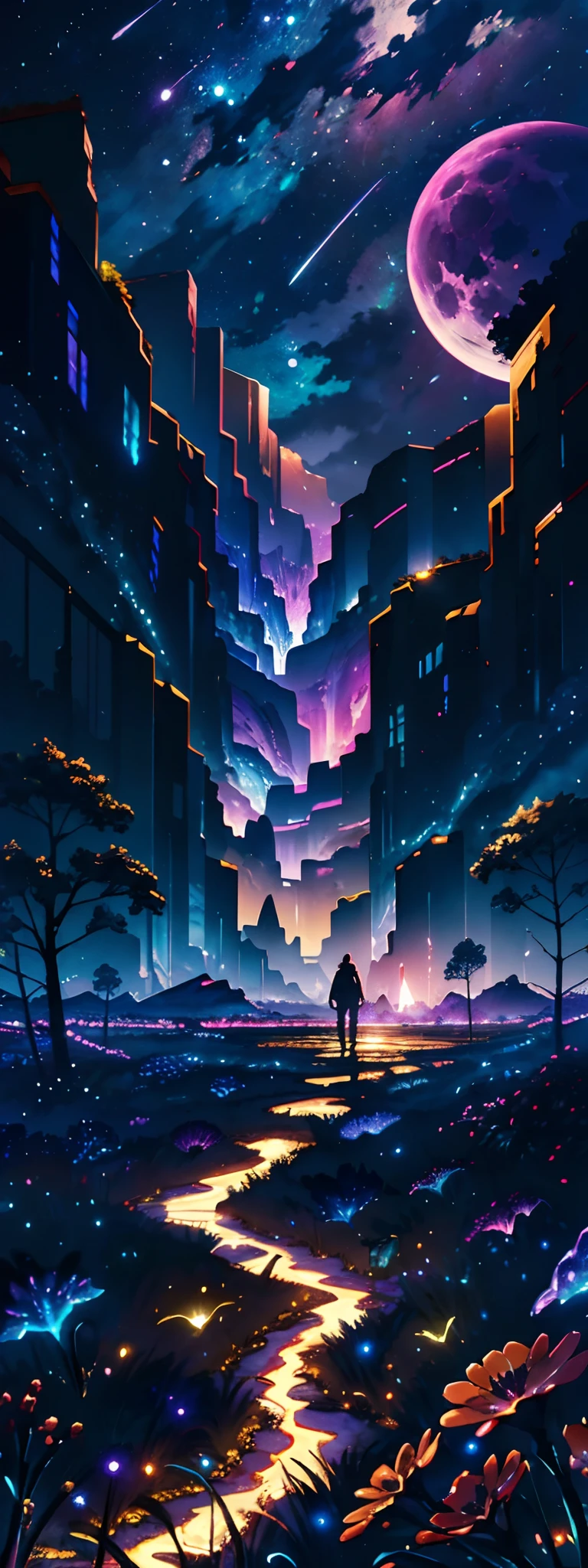 Vast landscape photos , (a view from below that shows sky above and open field below), Cat in the foreground standing in a flower field and looking up at the sky, (fullmoon:1.2), ( shooting stars:0.9), (nebulas:1.3), distant mountain, Tree Break Production Art, (Warm light source:1.2), (firefly:1.2), apples, lot of purple and orange, Intricate details, Volumetric Lighting BREAK (masutepiece:1.2), (Best Quality), 4K, Ultra-detailed, (dynamic compositions:1.4), Highly detailed, Colorful Detail,( Iridescent colors:1.2), (Glowing lighting, Atmospheric lighting), Dreamy, Magical, (Solo:1.2