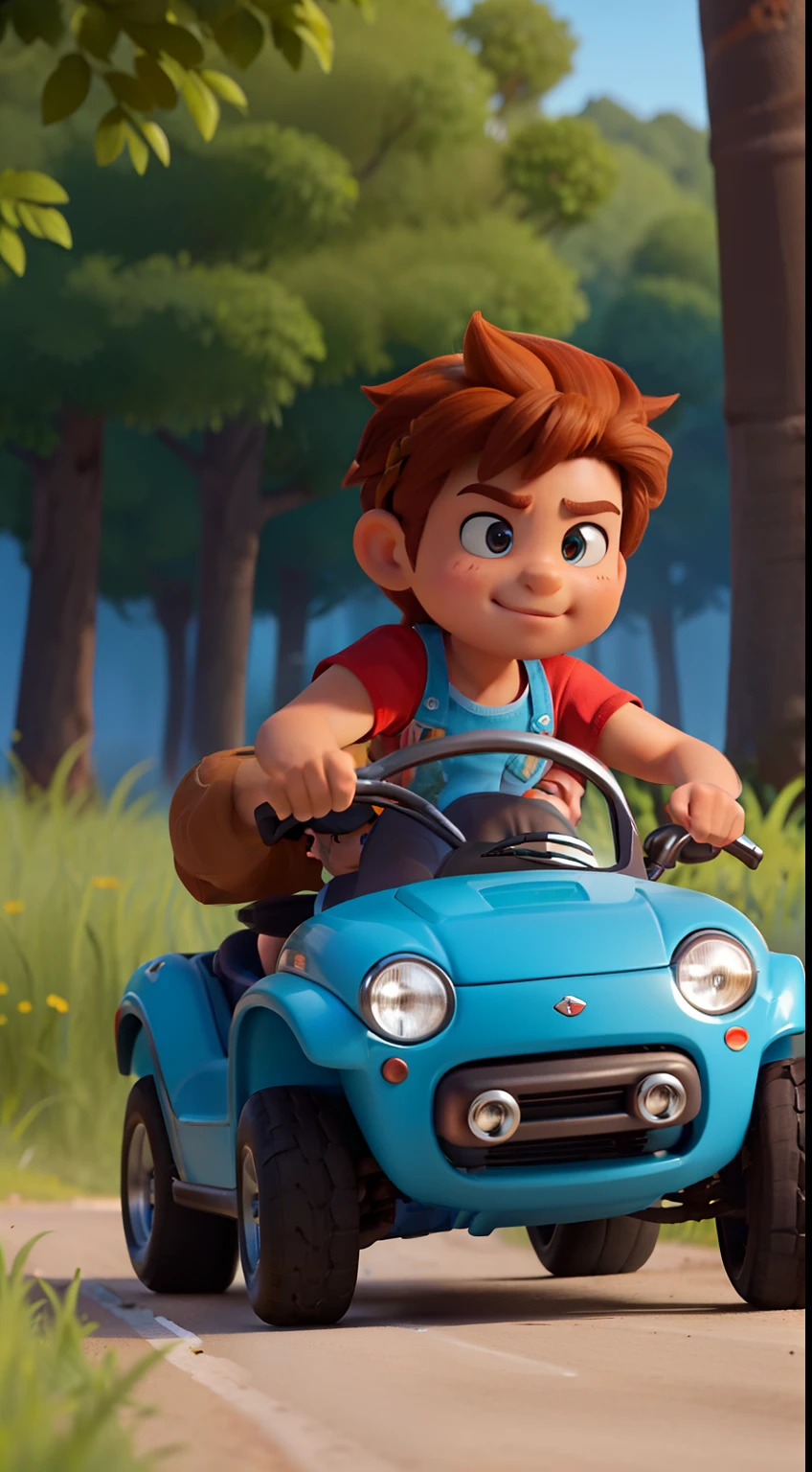 1chico cabello blanco con trenza de caballo (brown hair) con ropa deportiva tipo de carreas arriba de un automovil estilo cartoon color azul con toques verdes y de fondo en una autopista estilo cartoon muy similar a CTR de crash team racing, con un toque muy disney, autos de carreras, arriba de un auto, fondo en un bosque con carretera, auto color rojo con dorado