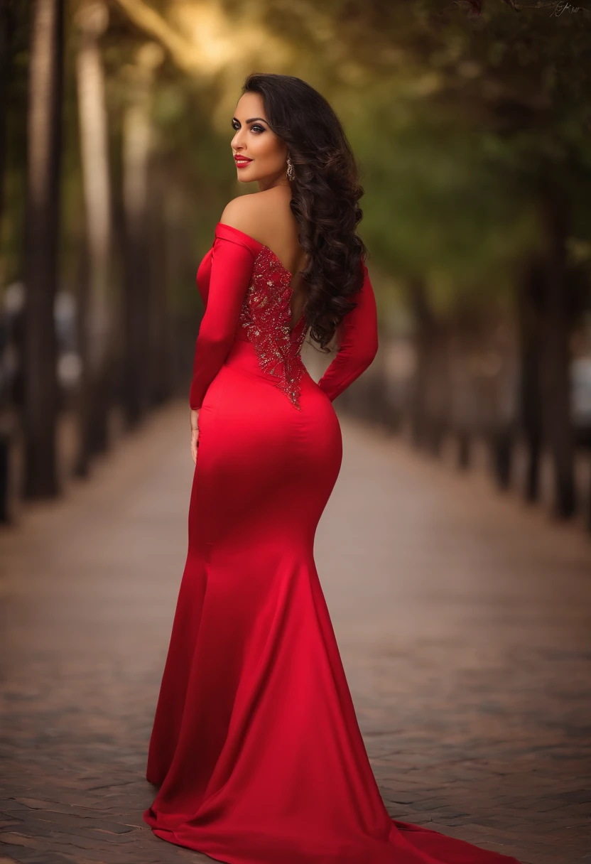Mulher 30 anos extremamente realista, estilo latina usando vestido longo vermelho, cintura fina, rosto detalhado muito realista, cabelos longos, usando vestido longo tecido seda vermelho, pele brilhante detalhes realista, posando de corpo completo, andando em uma rua, pousando de lado olhando para traz, mulher muito bonita cintura fina bumbum alto, usando vestido longo de seda, detalhes das dobras do vestido , cor vibrante brilhante,