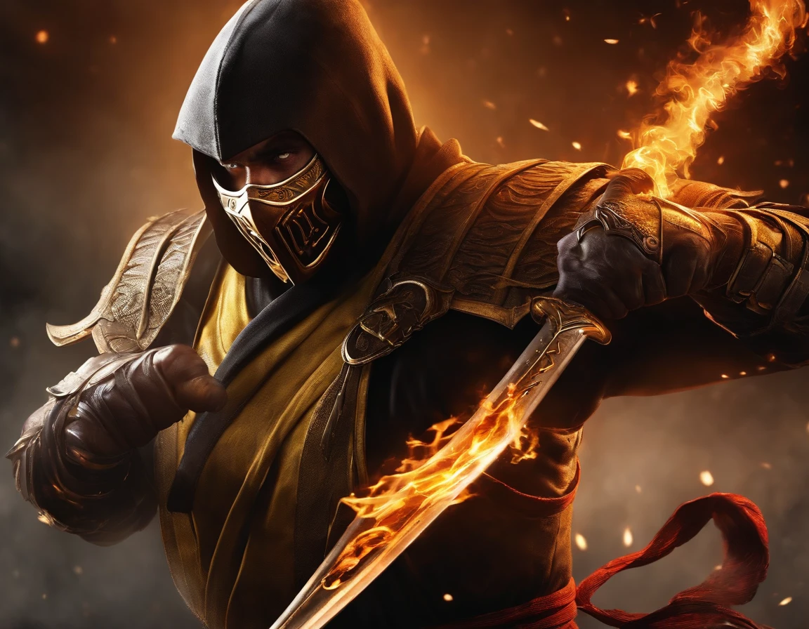 um close up de uma pessoa segurando uma espada em um fogo, scorpion from mortal kombat, Personagem de Mortal Kombat, Mortal Kombat 11, em Kombat mortal, Kombat mortal, arte da capa do videogame, Goro, Mortal Kombat, Estilo de Mortal Kombat, personagem de jogo de luta, capa de videogame, arte chave do jogo, Retrato de Ninja Slayer, scorpion whip