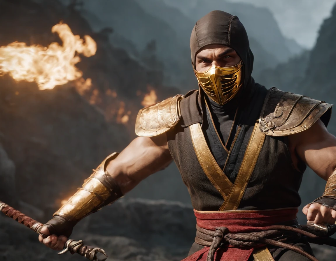 um close up de uma pessoa segurando uma espada em um fogo, scorpion from mortal kombat, Personagem de Mortal Kombat, Mortal Kombat 11, em Kombat mortal, Kombat mortal, arte da capa do videogame, Goro, Mortal Kombat, Estilo de Mortal Kombat, personagem de jogo de luta, capa de videogame, arte chave do jogo, Retrato de Ninja Slayer, scorpion whip