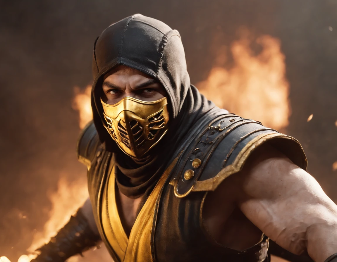 um close up de uma pessoa segurando uma espada em um fogo, scorpion from mortal kombat, Personagem de Mortal Kombat, Mortal Kombat 11, em Kombat mortal, Kombat mortal, arte da capa do videogame, Goro, Mortal Kombat, Estilo de Mortal Kombat, personagem de jogo de luta, capa de videogame, arte chave do jogo, Retrato de Ninja Slayer, scorpion whip