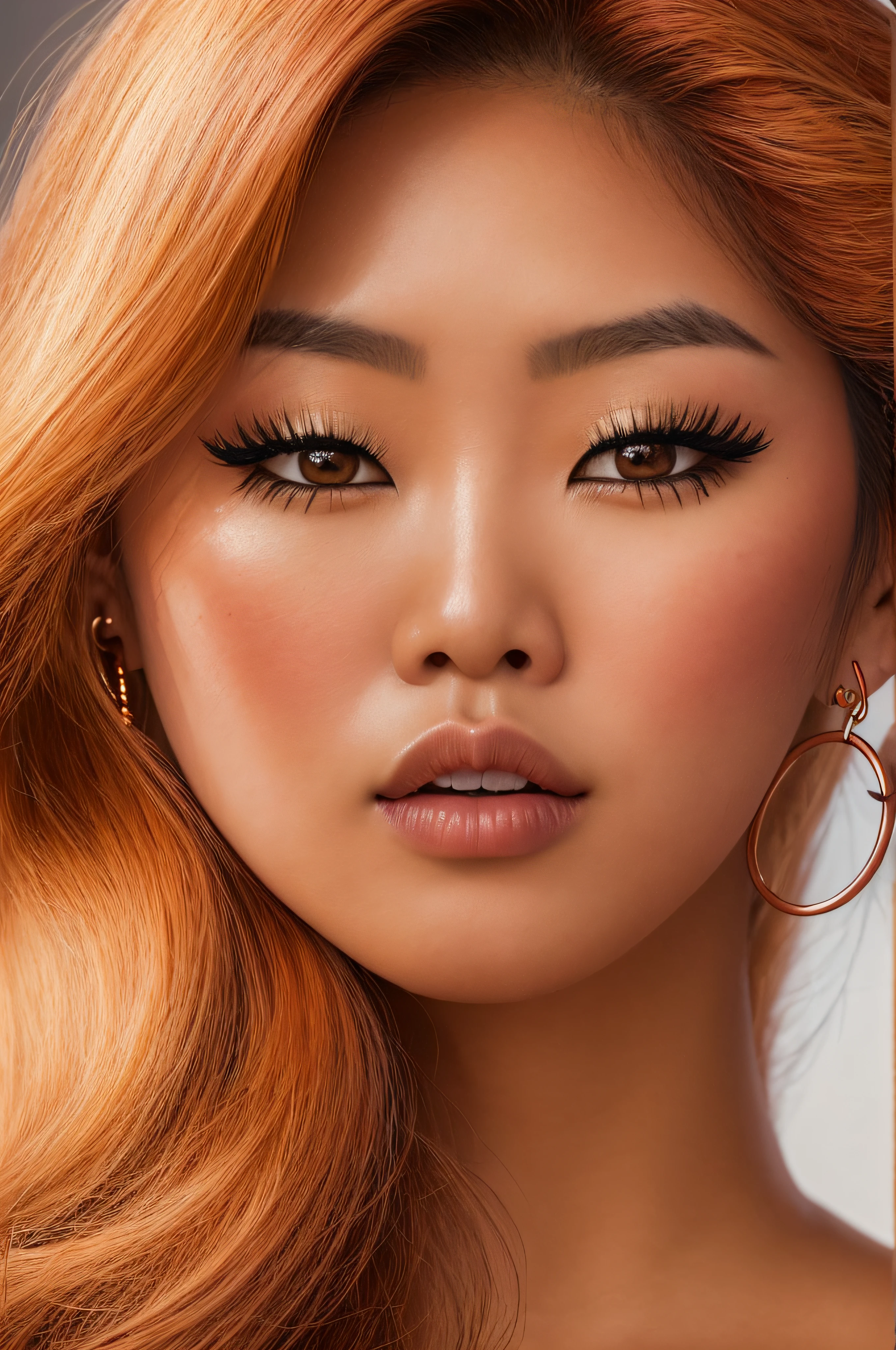 Hyper realistic , ultra detailed, Torso photo of beautiful Asian American woman with long, copper colored hair and full lips. Front facing, golden hoop earrings, ultra detailed, ultra accurate detailed, mascara and long eyelashes, Shot with canon EOS RI camera at 50 mm focal length with a 1.2 aperture. 4k. Heavy makeup and a coy expression.