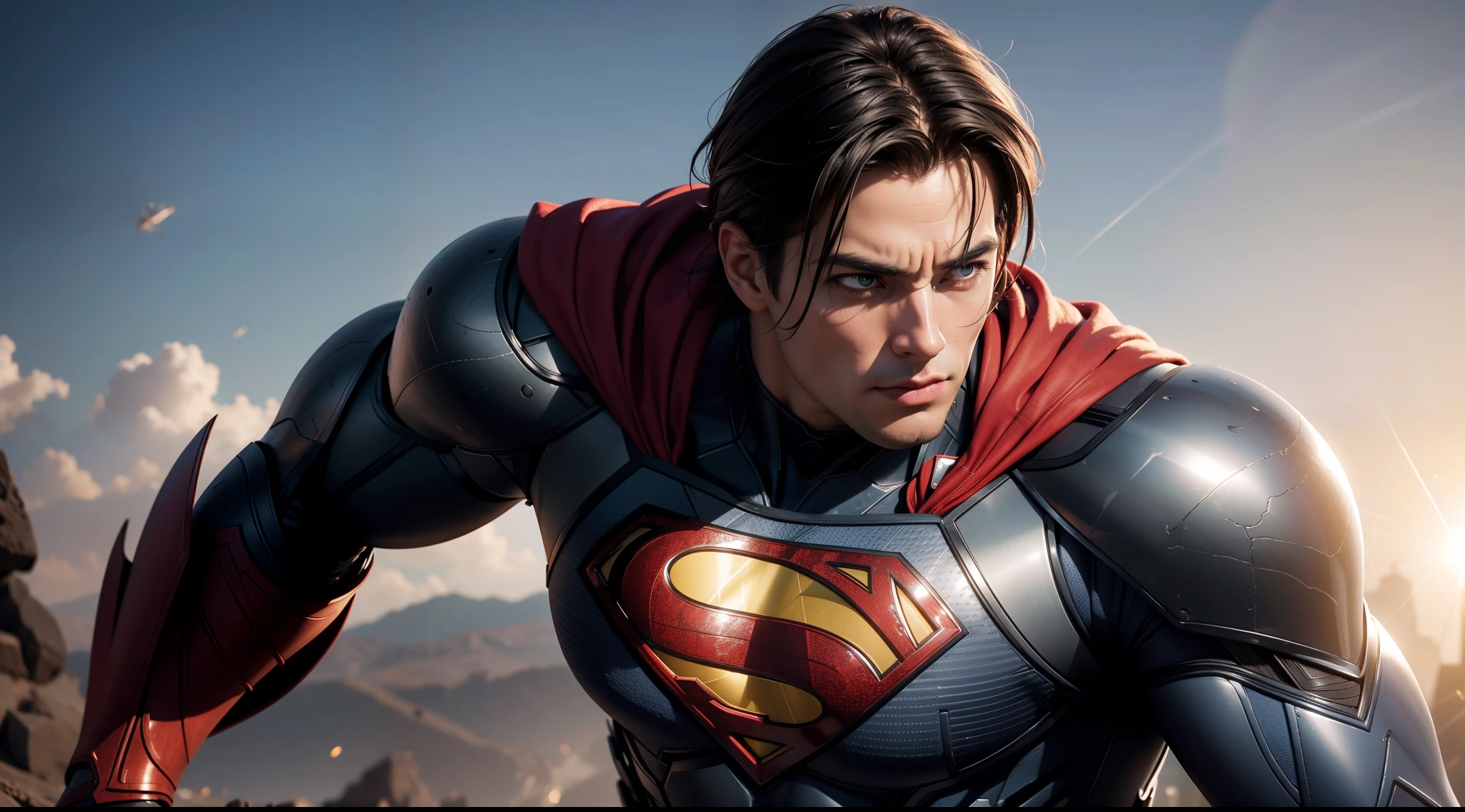Superman (Iron Suit) от DC Comics, CGI with clear focus, Photorealistic, high detail, Realistic, Masterpiece, absurdress, Best Quality, HDR, hiquality, hight resolution, Extremely detailed, 8k wallpaper, intricate details, 8K UHD, Full-HD, (foto realista:1.2), Contrast, sharp lighting, Cinematic lighting, natural lighting, hard light, Backlighting, Global Illumination, Environment Occlusion