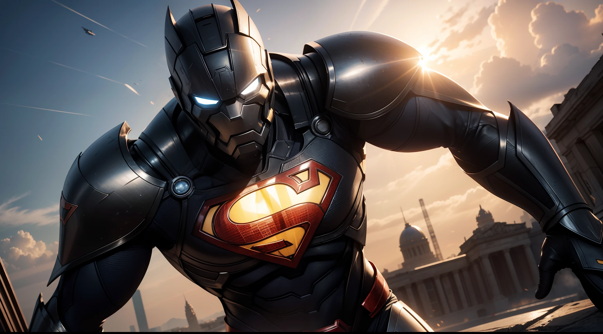 Superman (Iron Suit) от DC Comics, CGI with clear focus, Photorealistic, high detail, Realistic, Masterpiece, absurdress, Best Quality, HDR, hiquality, hight resolution, Extremely detailed, 8k wallpaper, intricate details, 8K UHD, Full-HD, (foto realista:1.2), Contrast, sharp lighting, Cinematic lighting, natural lighting, hard light, Backlighting, Global Illumination, Environment Occlusion