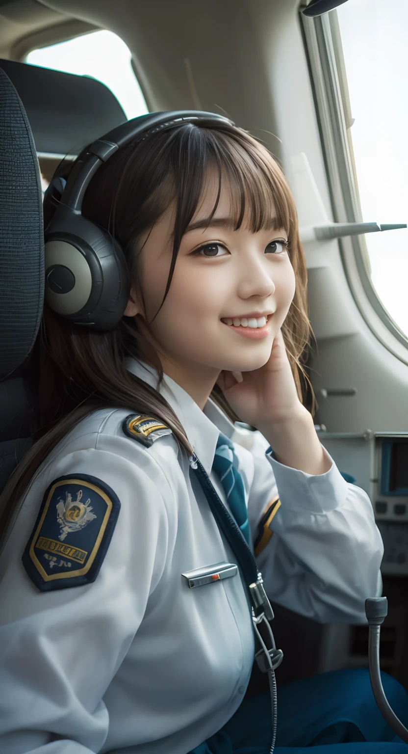 (top-quality、masterpiece:1.2)、Best Quality、realisitic、photoshot、hight resolution、1080p、8K、Textured skin、Physical Rendering、1 Japan Girls、High 、kawaii、Young Face、Rolled hair、(pilot:1.5)、Fighters、saluting、full of shyness、smil、Big