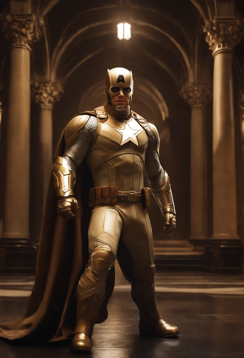 Full body photo of Captain America in white and gold armor style suit, sin mascarilla puesta, capa blanca, looking at center camera, perfect composition, beautiful detailed intricate insanely detailed octane render trending on artstation, 8 k artistic photography, Arte conceptual fotorrealista, soft natural volumetric cinematic perfect light, claroscuro, rewarded photography, Obra maestra, oil on canvas, Raphael, Caravaggio, Greg Rutkowski, Beeple, Beksinski, Giger, tendencias en Artstation, foco nítido, Foto de estudio, Detalles intrincados, Altamente detallado, Noche de fondo de la ciudad, por Greg Rutkowski