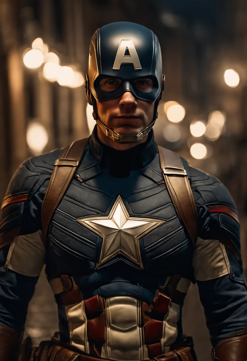 Full body photo of Captain America in white and gold armor style suit, sin mascarilla puesta, capa blanca, looking at center camera, perfect composition, beautiful detailed intricate insanely detailed octane render trending on artstation, 8 k artistic photography, Arte conceptual fotorrealista, soft natural volumetric cinematic perfect light, claroscuro, rewarded photography, Obra maestra, oil on canvas, Raphael, Caravaggio, Greg Rutkowski, Beeple, Beksinski, Giger, tendencias en Artstation, foco nítido, Foto de estudio, Detalles intrincados, Altamente detallado, Noche de fondo de la ciudad, por Greg Rutkowski