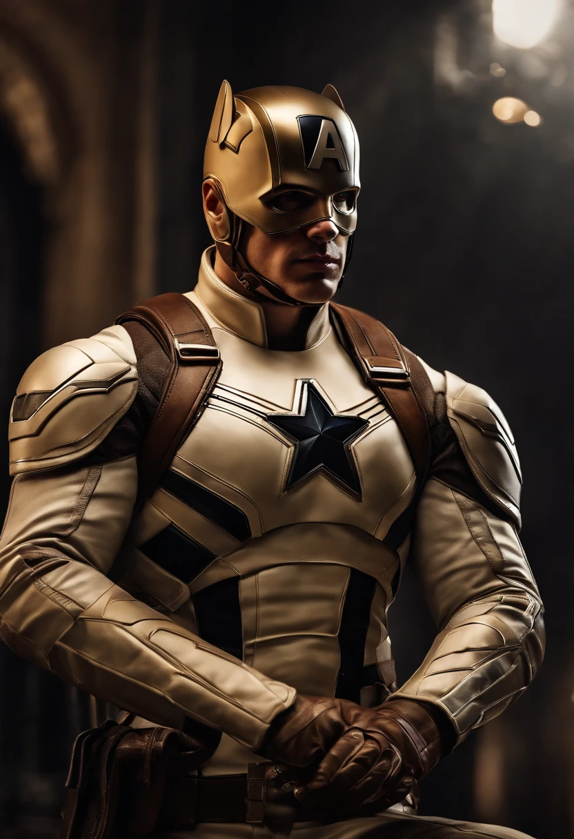 Full body photo of Captain America in white and gold armor style suit, sin mascarilla puesta, capa blanca, looking at center camera, perfect composition, beautiful detailed intricate insanely detailed octane render trending on artstation, 8 k artistic photography, Arte conceptual fotorrealista, soft natural volumetric cinematic perfect light, claroscuro, rewarded photography, Obra maestra, oil on canvas, Raphael, Caravaggio, Greg Rutkowski, Beeple, Beksinski, Giger, tendencias en Artstation, foco nítido, Foto de estudio, Detalles intrincados, Altamente detallado, Noche de fondo de la ciudad, por Greg Rutkowski