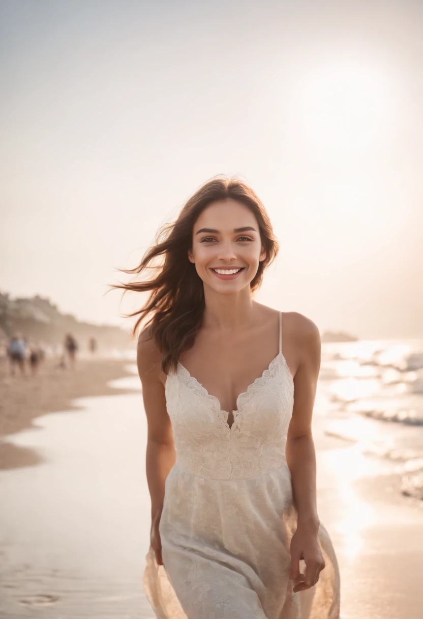 realistic photo of beautiful woman walking on the beach smiling, ultra realistic, photo realistic, 8k, shot on fuji400, fine details, lots of details