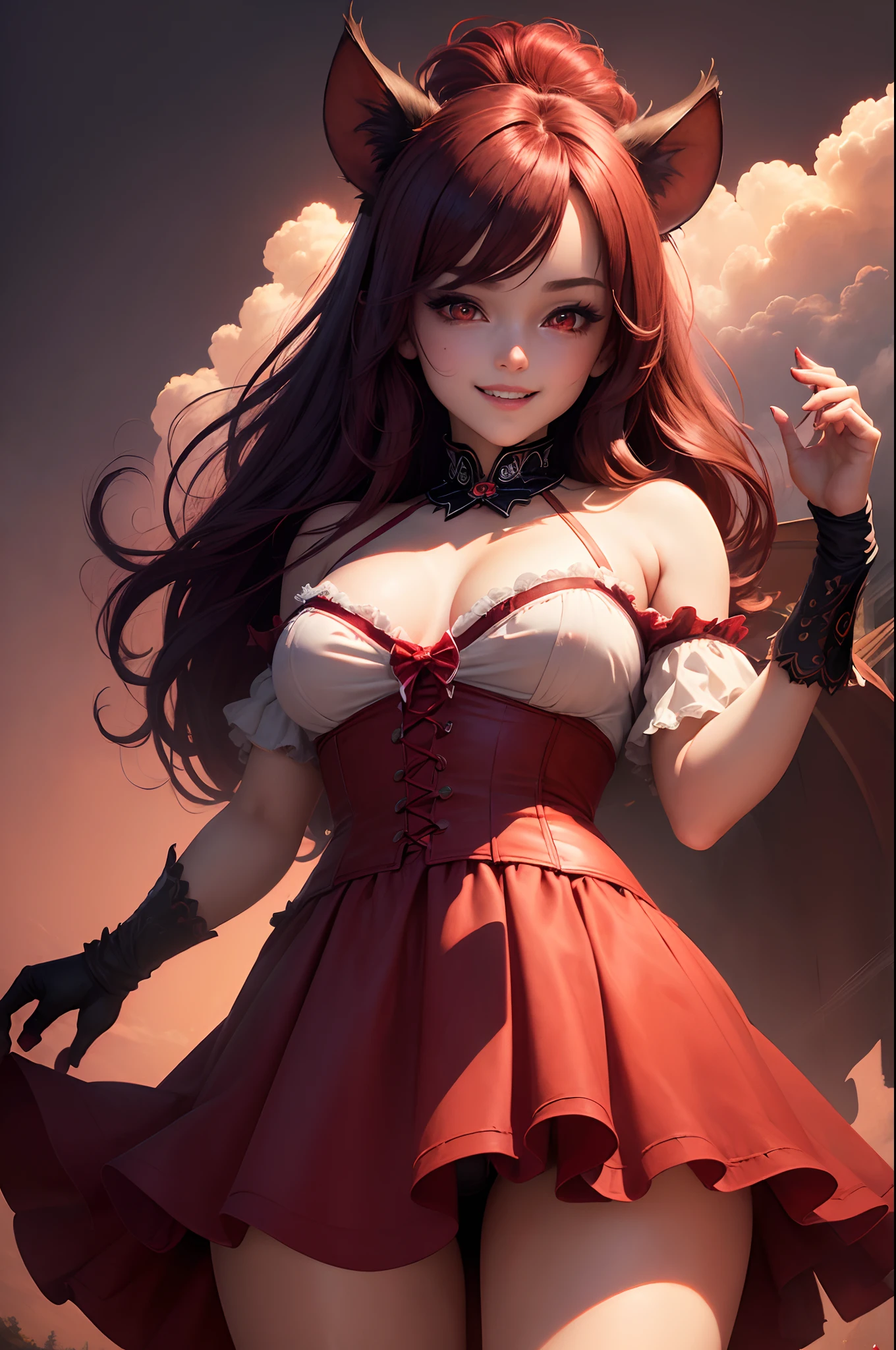 (((best quality))), (((ultra detailed))), (((masterpiece))), illustration,(The dark red blood cloud floats in the air,the red bat,blood magic),1girl,sex, perfect face,One of her hands waved a whip, volumetric lighting,sexy girl wowdk,crazy smile,red blood ...