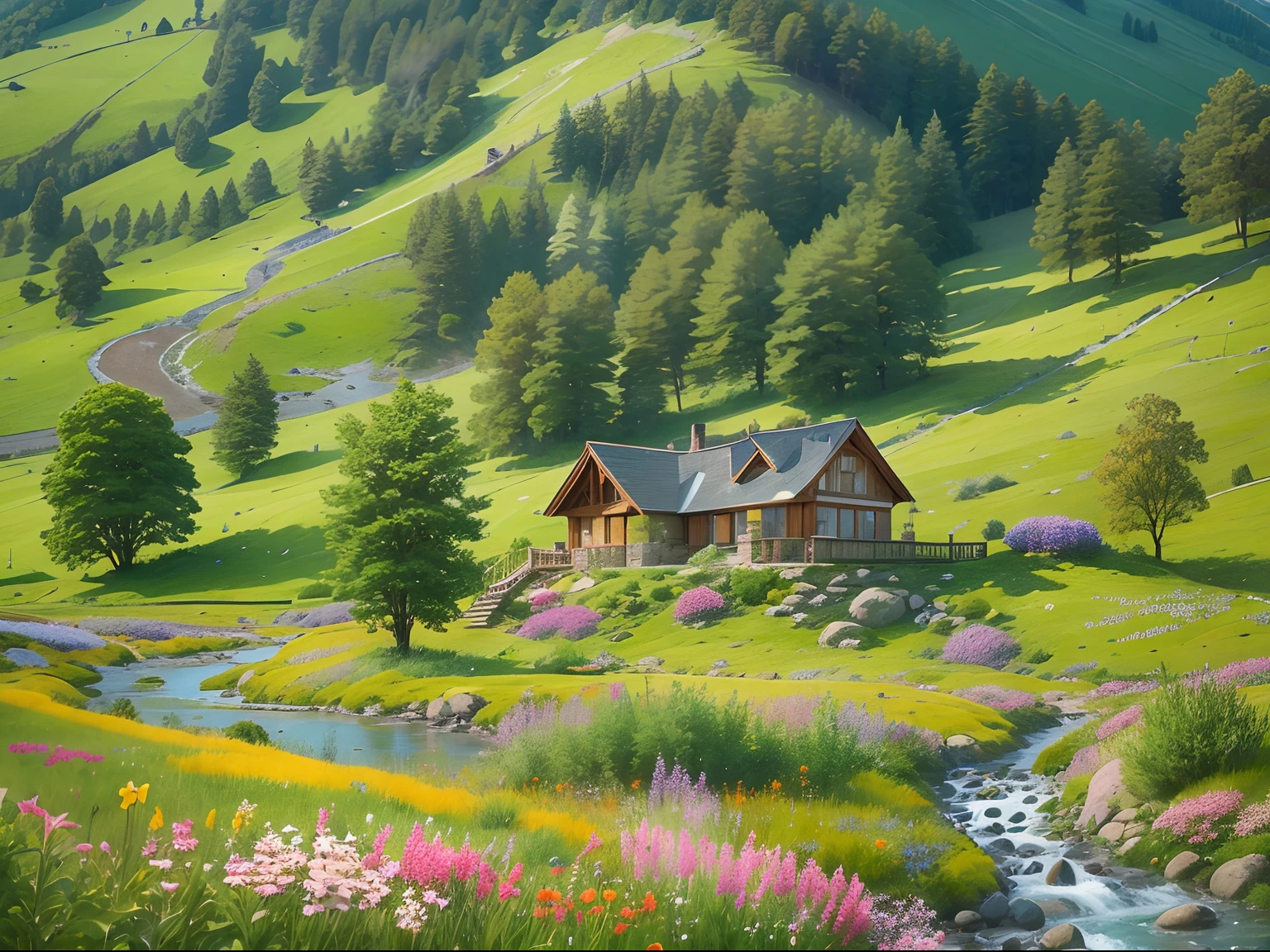 Detached holiday house, On the hillside,There is a stream next to it, wildflowers,snow mountains,blue-sky.