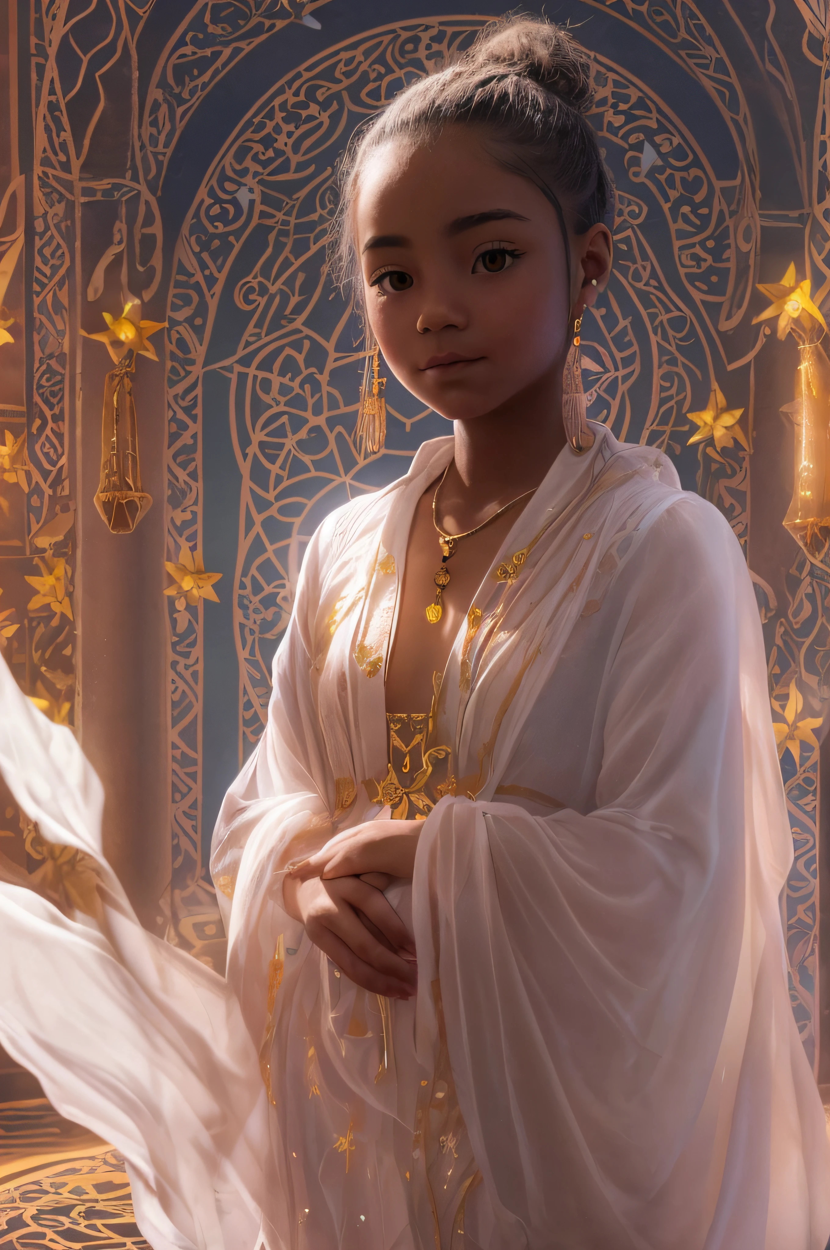A full body of a 19-year-old Latina woman with short blonde hair. Her dark brown eyes are fixed on the camera, conveying serenity and spiritual wisdom. She wears light transparent clothes that emanate spirituality, in a mystical and illuminated environment, where the soft light highlights her calm and mysterious aura. She has dark skin, which seems to exude a natural glow. Her hair is short, with a cut that highlights her confident and spiritual expression. The strands are the color of ebony, with some natural highlights that shine softly in the light. Her eyebrows are well defined and complement her expressive eyes. They seem capable of seeing beyond appearances and delving into the depths of the human spirit. Her face is serene, with soft features that suggest compassion and empathy. She has a big gentle smile that radiates calmness and confidence. Her presence is welcoming and inspiring.
