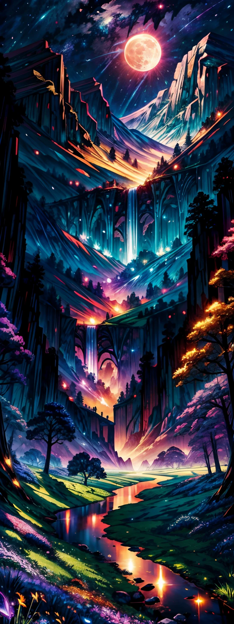 Vast landscape photos , (a view from below that shows sky above and open field below), Cat standing in a flower field in the foreground and looking up at the sky, (fullmoon:1.2), ( shooting stars:0.9), (nebulas:1.3), distant mountain, Tree Break Production Art, (Warm light source:1.2), (firefly:1.2), apples, lot of purple and orange, Intricate details, Volumetric Lighting BREAK (masutepiece:1.2), (Best Quality), 4K, Ultra-detailed, (dynamic compositions:1.4), Highly detailed, Colorful Detail,( Iridescent colors:1.2), (Glowing lighting, Atmospheric lighting), Dreamy, Magical, (Solo:1.2