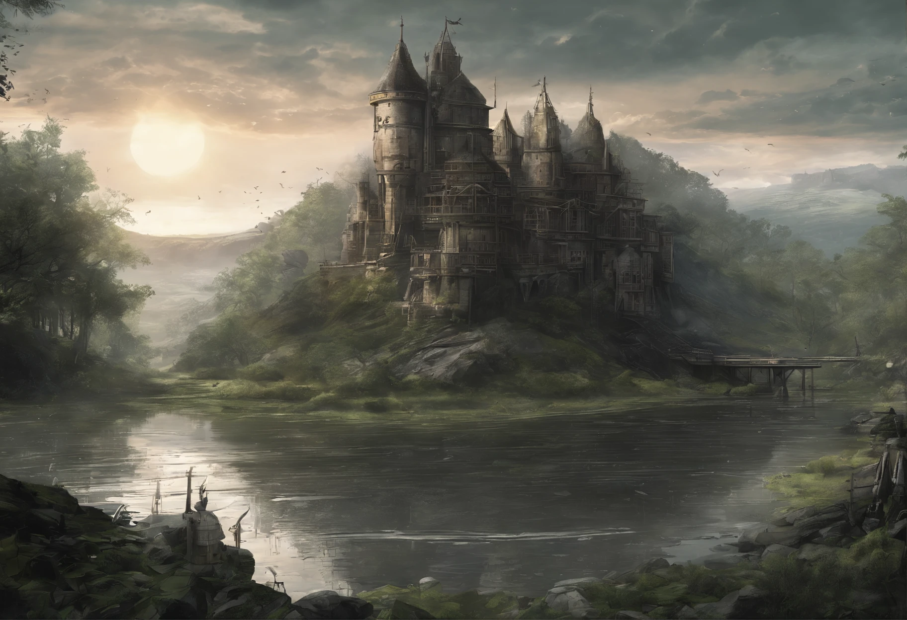 The sun is shining and the vegetation is luxuriant，Myoman's poems are gathered with the knights of the wild at the call of the lord、The adventurers of the guild are still struggling with the future in the tavern、Birds and beasts feed under the mysterious lake fairy。