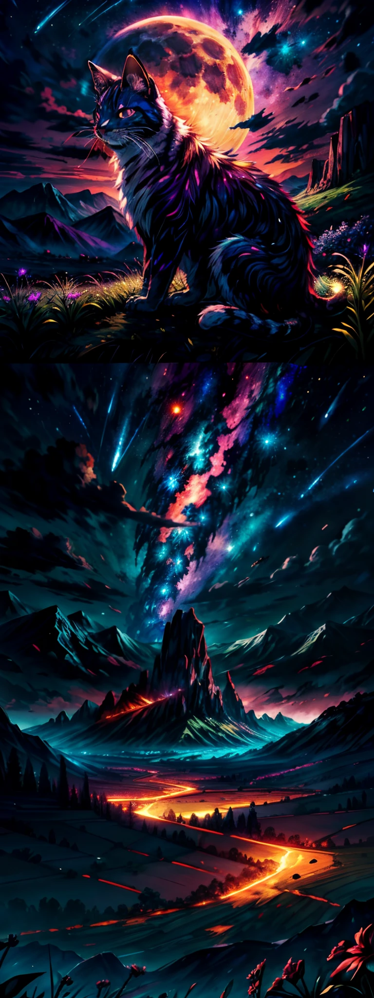 Vast landscape photos , (a view from below that shows sky above and open field below), Cat standing in a flower field in the foreground and looking up at the sky, (fullmoon:1.2), ( shooting stars:0.9), (nebulas:1.3), distant mountain, Tree Break Production Art, (Warm light source:1.2), (firefly:1.2), apples, lot of purple and orange, Intricate details, Volumetric Lighting BREAK (masutepiece:1.2), (Best Quality), 4K, Ultra-detailed, (dynamic compositions:1.4), Highly detailed, Colorful Detail,( Iridescent colors:1.2), (Glowing lighting, Atmospheric lighting), Dreamy, Magical, (Solo:1.2