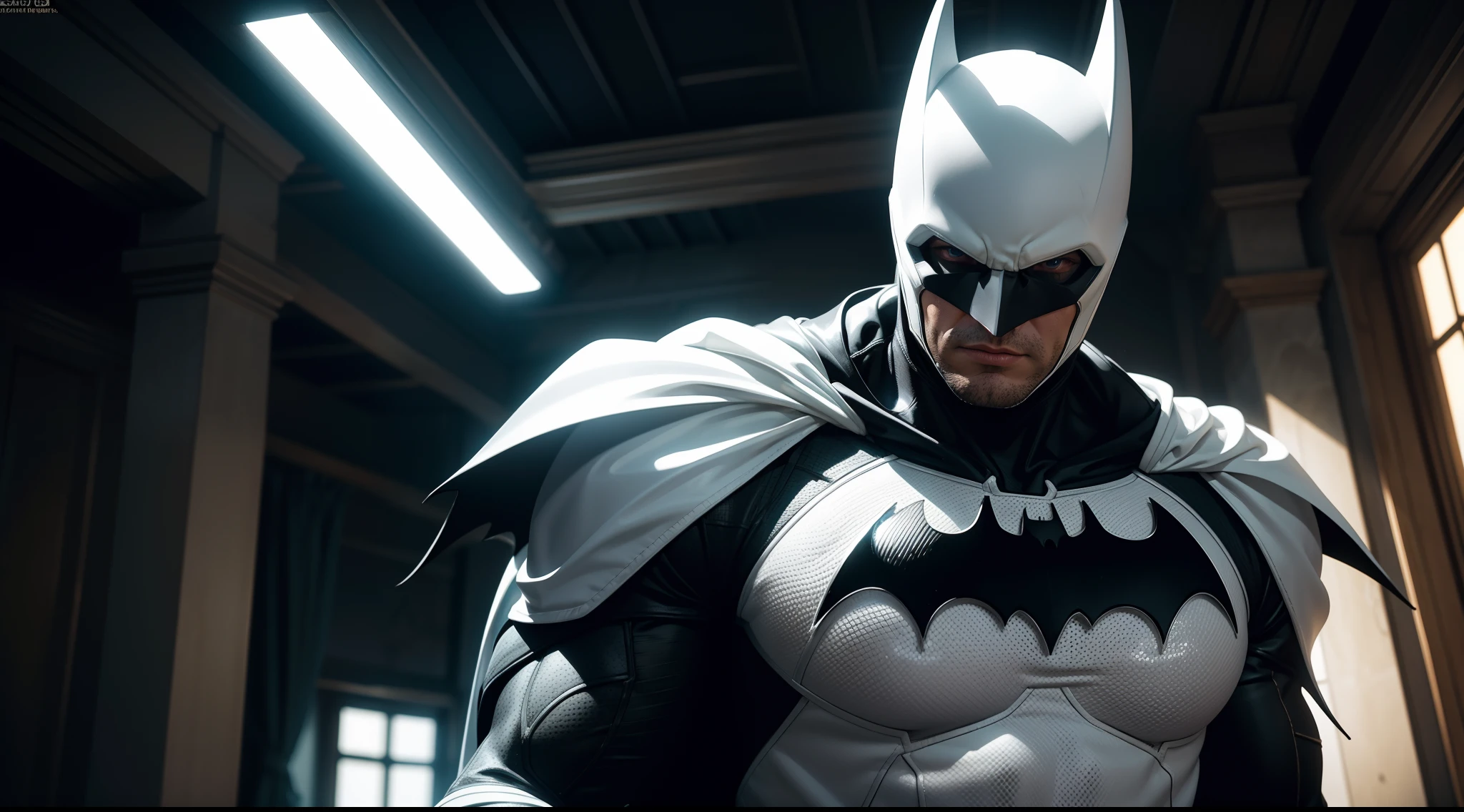 Batman (White Suit) от DC Comics, CGI with clear focus, Photorealistic, high detail, Realistic, Masterpiece, absurdress, Best Quality, HDR, hiquality, hight resolution, Extremely detailed, 8k wallpaper, intricate details, 8K UHD, Full-HD, (foto realista:1.2), Contrast, sharp lighting, Cinematic lighting, natural lighting, hard light, Backlighting, Global Illumination, Environment Occlusion