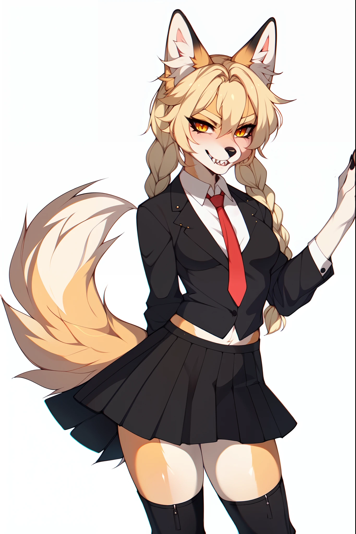 (By hyattlen, by fumiko, by claweddrip):1.2, solo:1.3, a furry tan anthro fox girl, fluffy tan fox ears, furry tan body, black nose, yellow eyes, cute snout, blonde fox tail, long blonde braided hair, two braids, grinning, devious, large sharp canine teeth, angry eyes, detailed eyes, small breasts, wearing white button up shirt, red tie, black skirt, combat boots, standing, no background, white background, nice hands, good anatomy, masterpiece