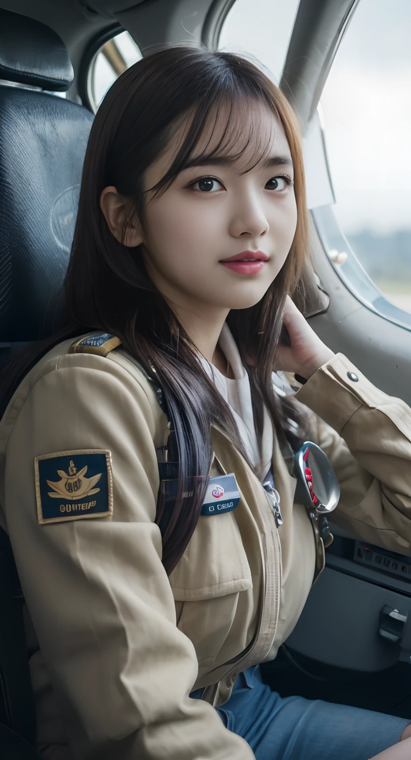 (top-quality、masterpiece:1.2)、Best Quality、realisitic、photoshot、hight resolution、1080p、8K、Textured skin、Physical Rendering、1 Japan Girls、High school students、kawaii、Young Face、Rolled hair、(pilot:1.5)、Fighters、saluting、full of shyness、smil、Big
