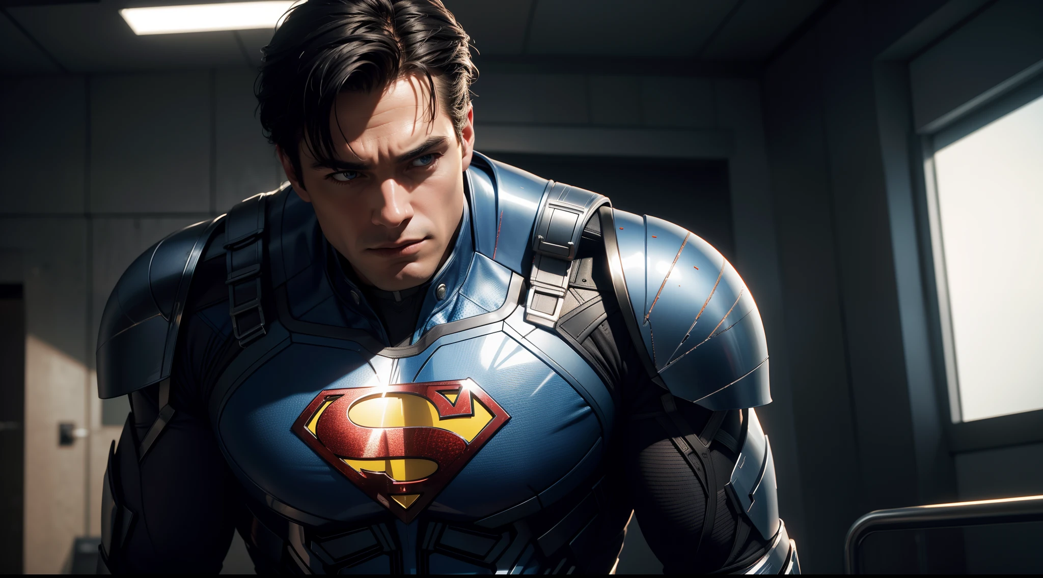Superman (Terminator Suit) от DC Comics, CGI with clear focus, Photorealistic, high detail, Realistic, Masterpiece, absurdress, Best Quality, HDR, hiquality, hight resolution, Extremely detailed, 8k wallpaper, intricate details, 8K UHD, Full-HD, (foto realista:1.2), Contrast, sharp lighting, Cinematic lighting, natural lighting, hard light, Backlighting, Global Illumination, Environment Occlusion