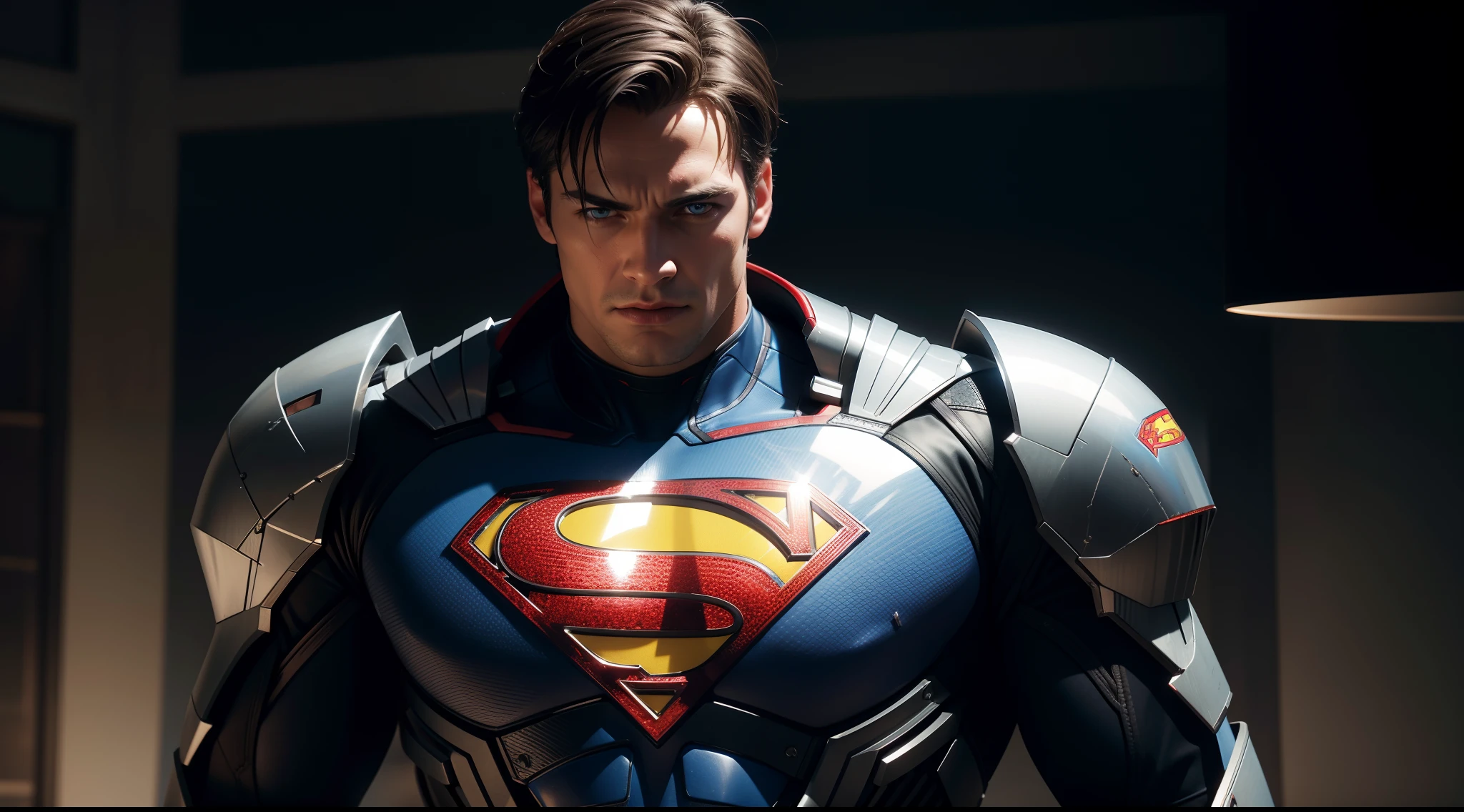 Superman (Terminator Suit) от DC Comics, CGI with clear focus, Photorealistic, high detail, Realistic, Masterpiece, absurdress, Best Quality, HDR, hiquality, hight resolution, Extremely detailed, 8k wallpaper, intricate details, 8K UHD, Full-HD, (foto realista:1.2), Contrast, sharp lighting, Cinematic lighting, natural lighting, hard light, Backlighting, Global Illumination, Environment Occlusion