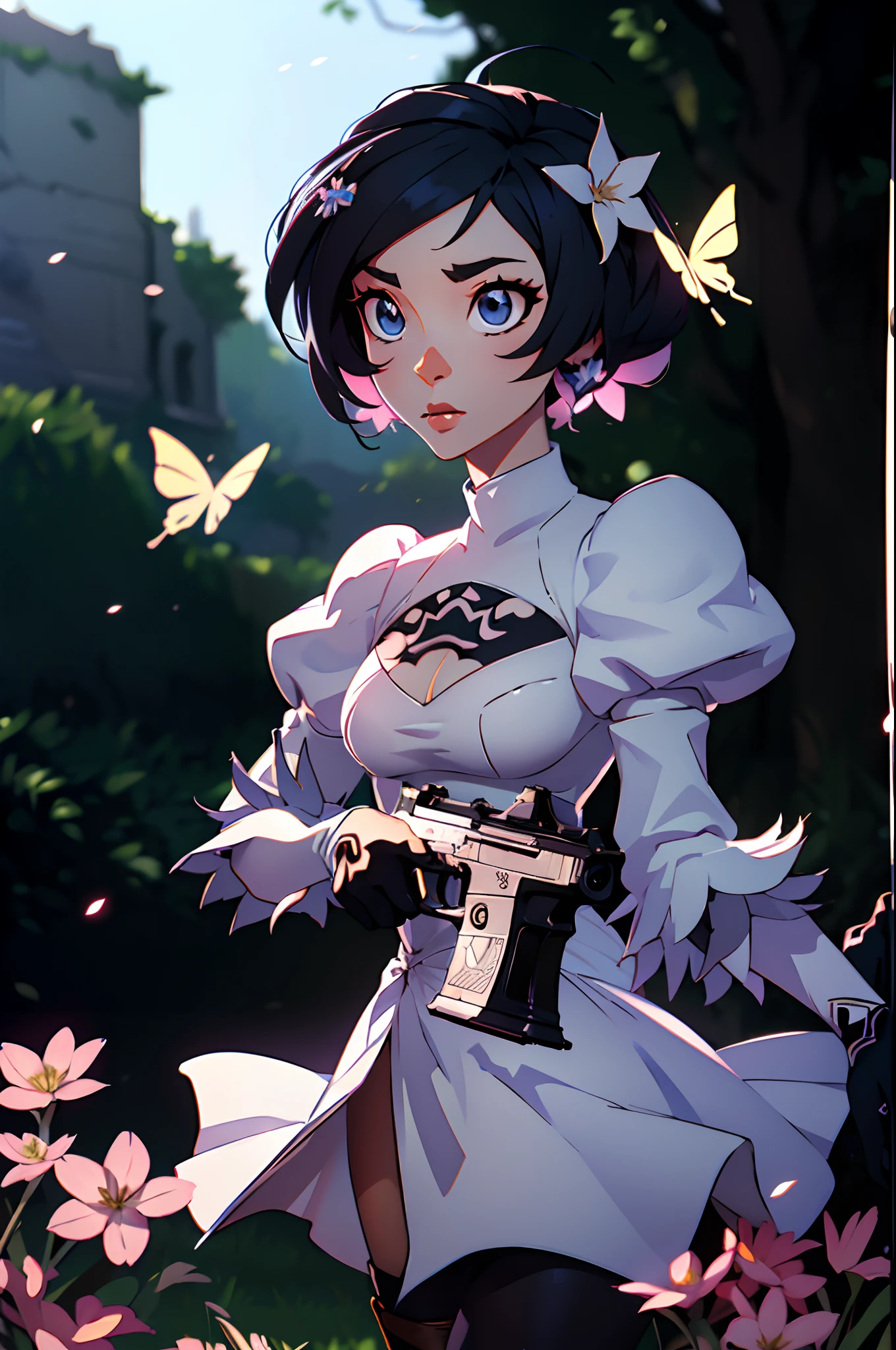 Octane Render、(Hyper-detailing: 1.15)、cinematic lightening、Cute Fantasy Princess、Handgun shooting practice、Fine Pattern Pistol,long boots、ultradetailed eyes、Full Paint、(Floral hair ornament、butterfly hair ornament)、masutepiece、Anatomically correct、blur、depth of fields