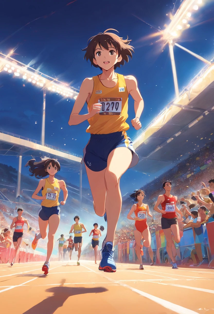 Neste primeiro quadrinho, somos transportados para uma atmosfera eletrizante no campo de atletismo de uma escola. The racetrack stretches out in front of us, cercada por arquibancadas repletas de espectadores animados. The sky is clear, with the sun casting a golden light over the scenery.

no centro da imagem, vemos um jovem atleta concentrado e determinado, pronto para iniciar uma corrida. Your muscles are tense, And he's in the starting position, com os olhos fixos no horizonte. Every detail of your sports uniform and running shoes is crisp and realistic.

The crowd around is vibrating with excitement, com rostos animados e bandeiras de apoio. Image quality is first class, capture the texture of the track and the expression of intensity on the athlete's face. It's a time of pure energy and competition, que nos convida a entrar no emocionante mundo do atletismo.