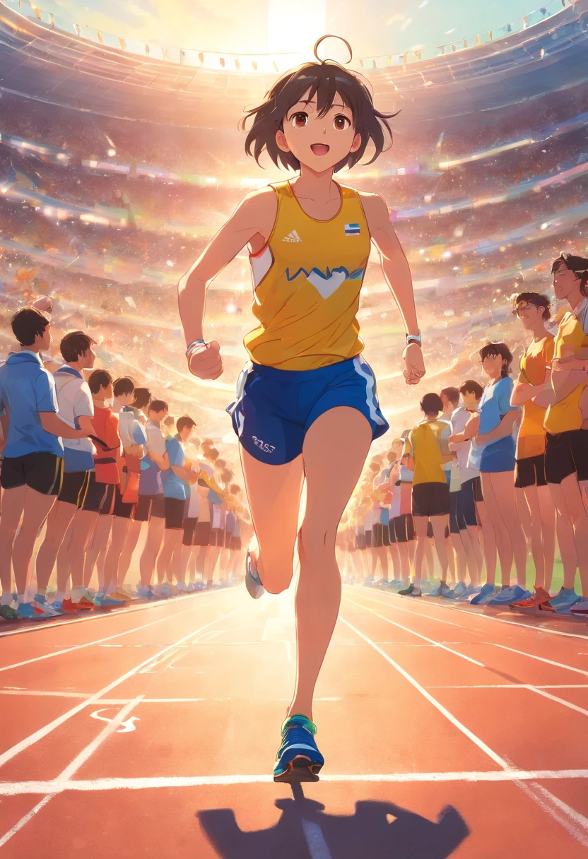 Neste primeiro quadrinho, somos transportados para uma atmosfera eletrizante no campo de atletismo de uma escola. The racetrack stretches out in front of us, cercada por arquibancadas repletas de espectadores animados. The sky is clear, with the sun casting a golden light over the scenery.

no centro da imagem, vemos um jovem atleta concentrado e determinado, pronto para iniciar uma corrida. Your muscles are tense, And he's in the starting position, com os olhos fixos no horizonte. Every detail of your sports uniform and running shoes is crisp and realistic.

The crowd around is vibrating with excitement, com rostos animados e bandeiras de apoio. Image quality is first class, capture the texture of the track and the expression of intensity on the athlete's face. It's a time of pure energy and competition, que nos convida a entrar no emocionante mundo do atletismo.