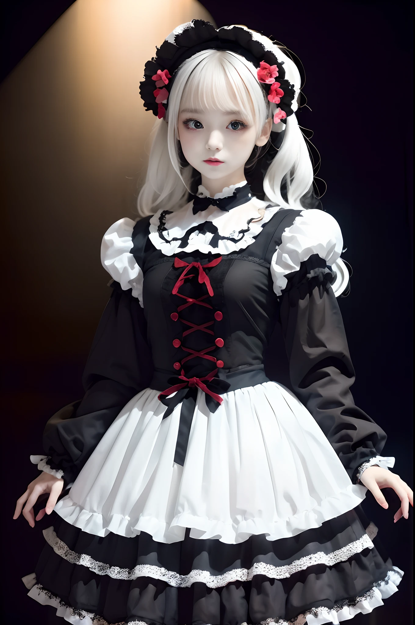 top-quality、​masterpiece、1 girl in、20yr old、kawaii faces、Extraordinary beauty、Black background、Black background、Full Body Angle、White and black gothic Lolita fashion、Gothic Lolita Fashion、Cute poses、Standing、black backgrounds、white  hair:1.5、Red Eyes、red-lips、white  clothes、Black and white world、Black and white world、light skinned、Bun hair